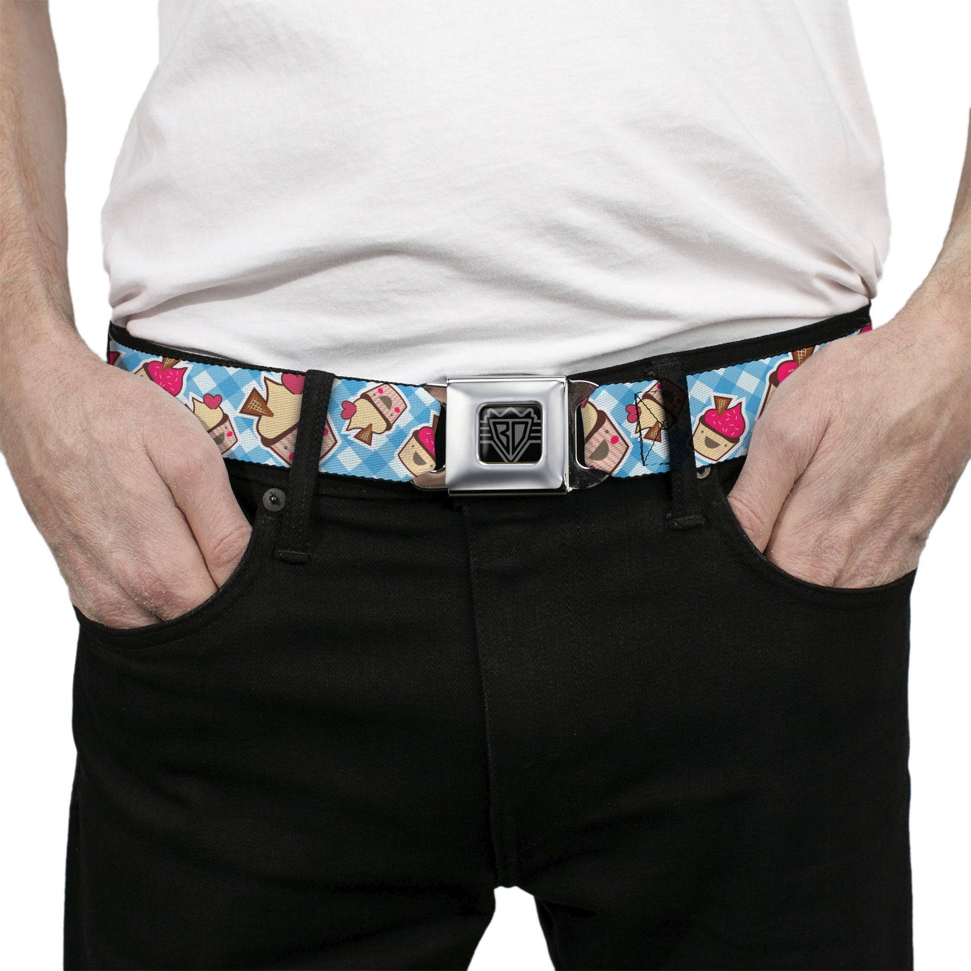 BD Wings Logo CLOSE-UP Full Color Black Silver Seatbelt Belt - Happy Cupcakes Buffalo Plaid White/Blue Webbing Seatbelt Belts Buckle-Down