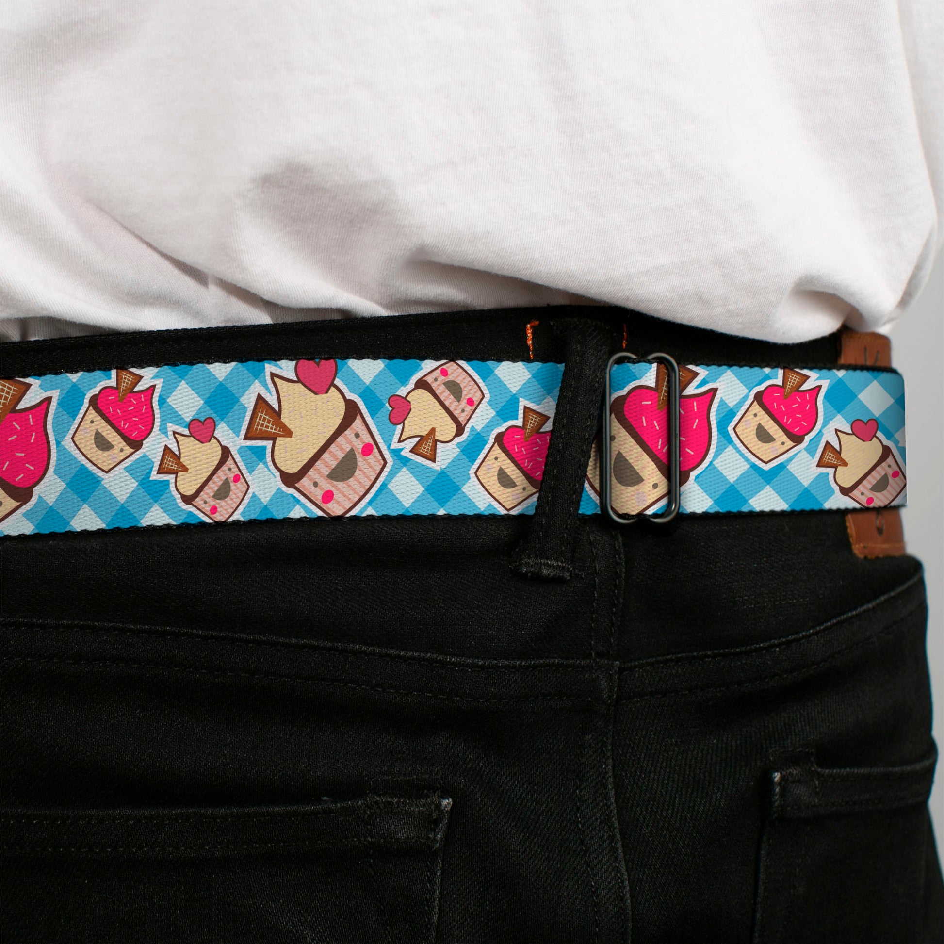 BD Wings Logo CLOSE-UP Full Color Black Silver Seatbelt Belt - Happy Cupcakes Buffalo Plaid White/Blue Webbing Seatbelt Belts Buckle-Down