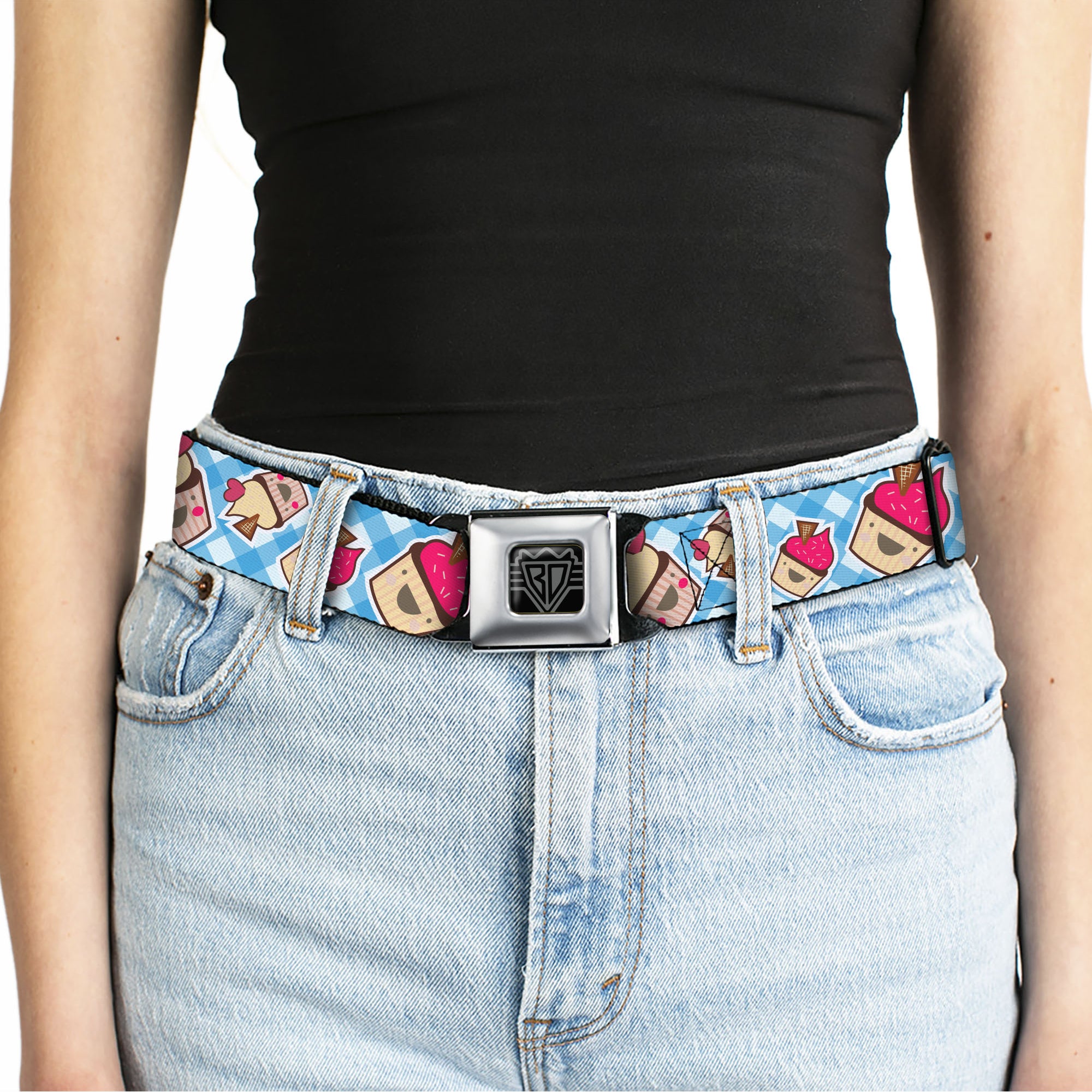 BD Wings Logo CLOSE-UP Full Color Black Silver Seatbelt Belt - Happy Cupcakes Buffalo Plaid White/Blue Webbing Seatbelt Belts Buckle-Down