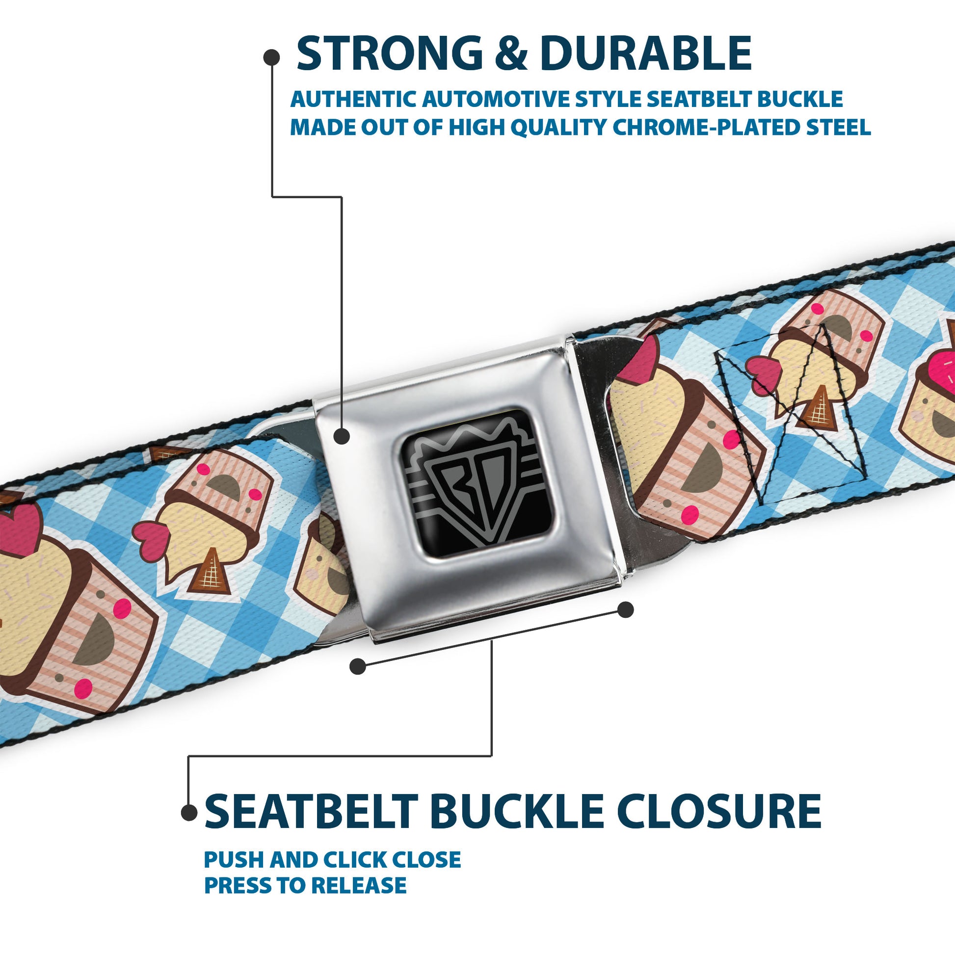 BD Wings Logo CLOSE-UP Full Color Black Silver Seatbelt Belt - Happy Cupcakes Buffalo Plaid White/Blue Webbing Seatbelt Belts Buckle-Down