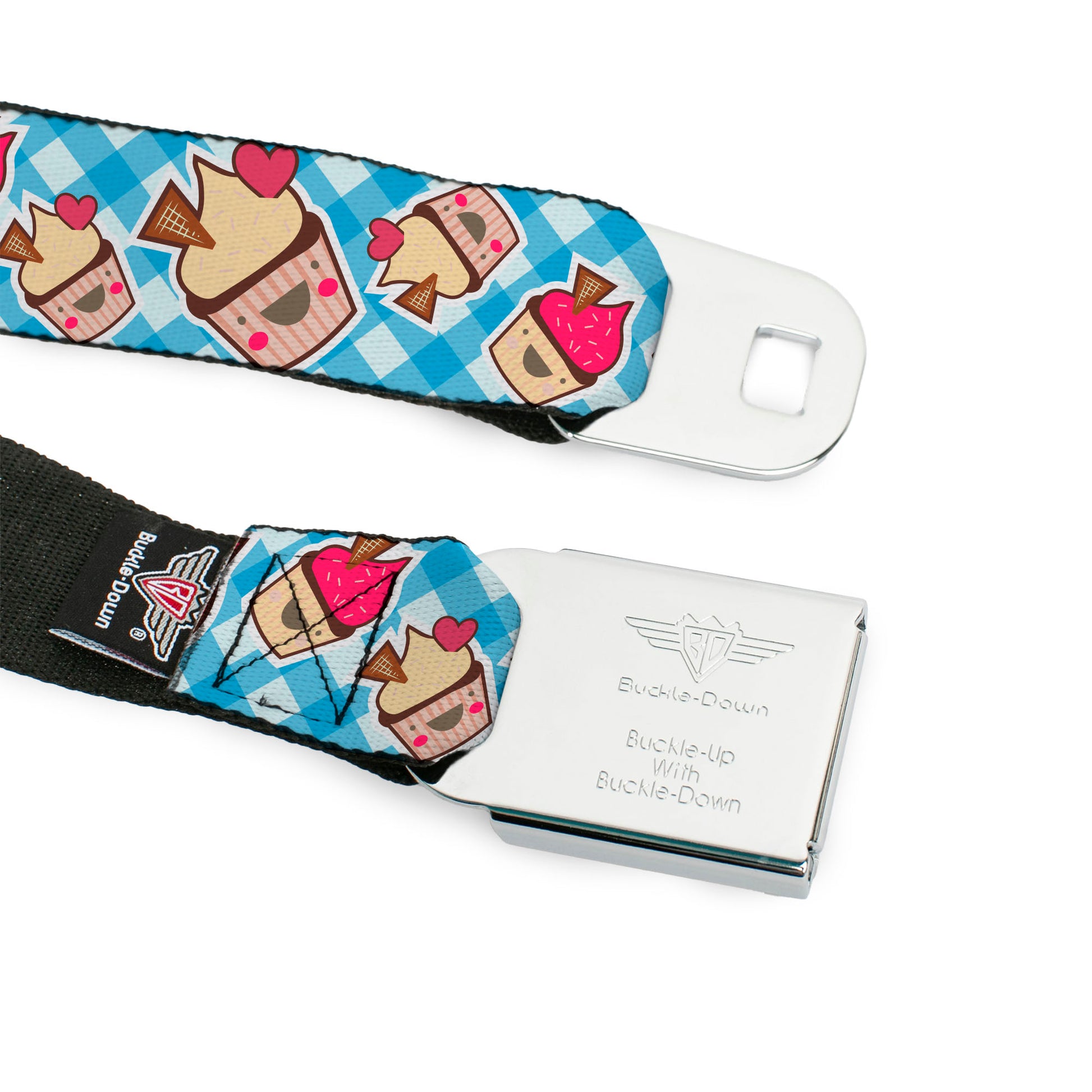 BD Wings Logo CLOSE-UP Full Color Black Silver Seatbelt Belt - Happy Cupcakes Buffalo Plaid White/Blue Webbing Seatbelt Belts Buckle-Down