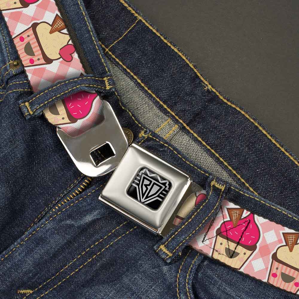 BD Wings Logo CLOSE-UP Full Color Black Silver Seatbelt Belt - Happy Cupcakes Buffalo Plaid White/Pink Webbing Seatbelt Belts Buckle-Down