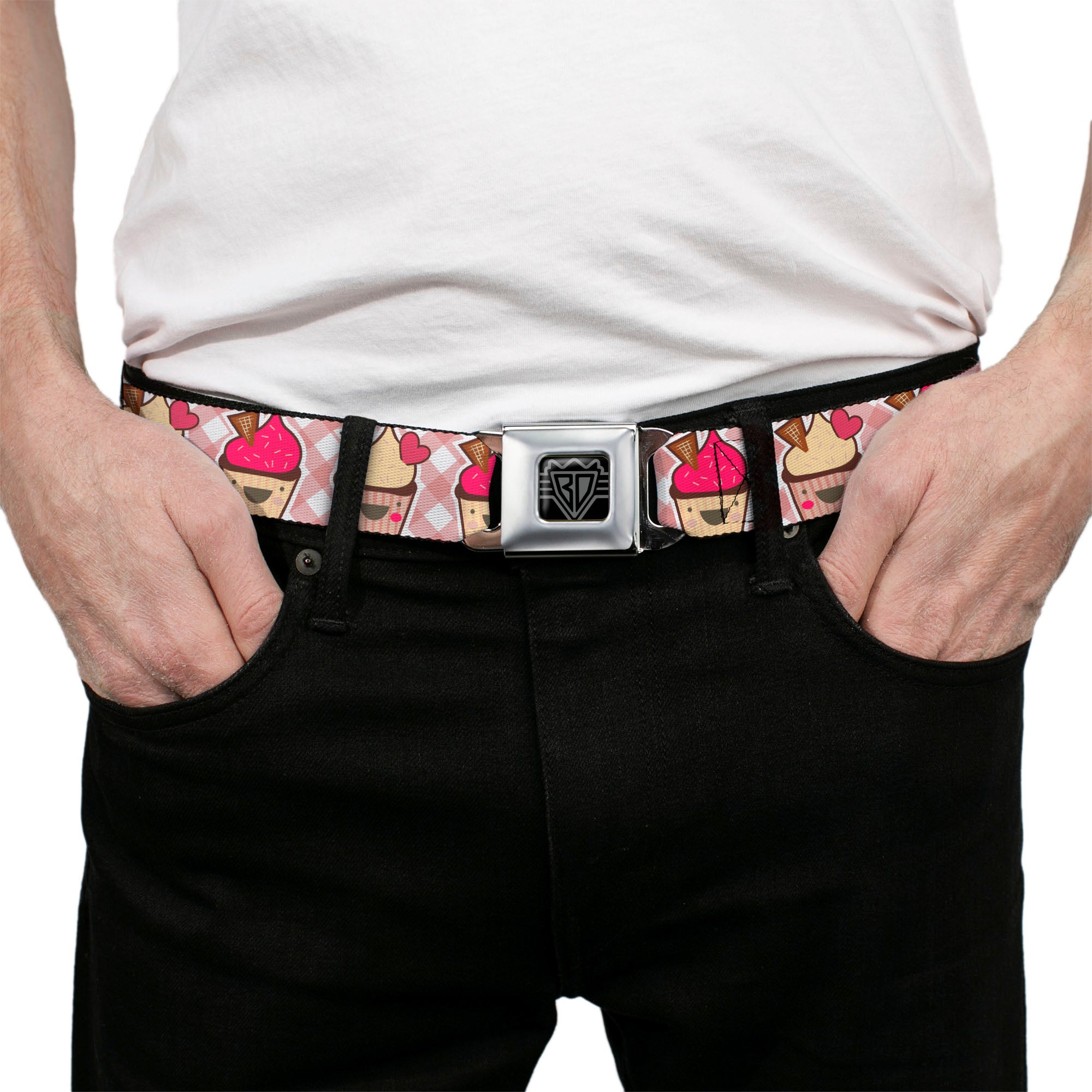 BD Wings Logo CLOSE-UP Full Color Black Silver Seatbelt Belt - Happy Cupcakes Buffalo Plaid White/Pink Webbing Seatbelt Belts Buckle-Down