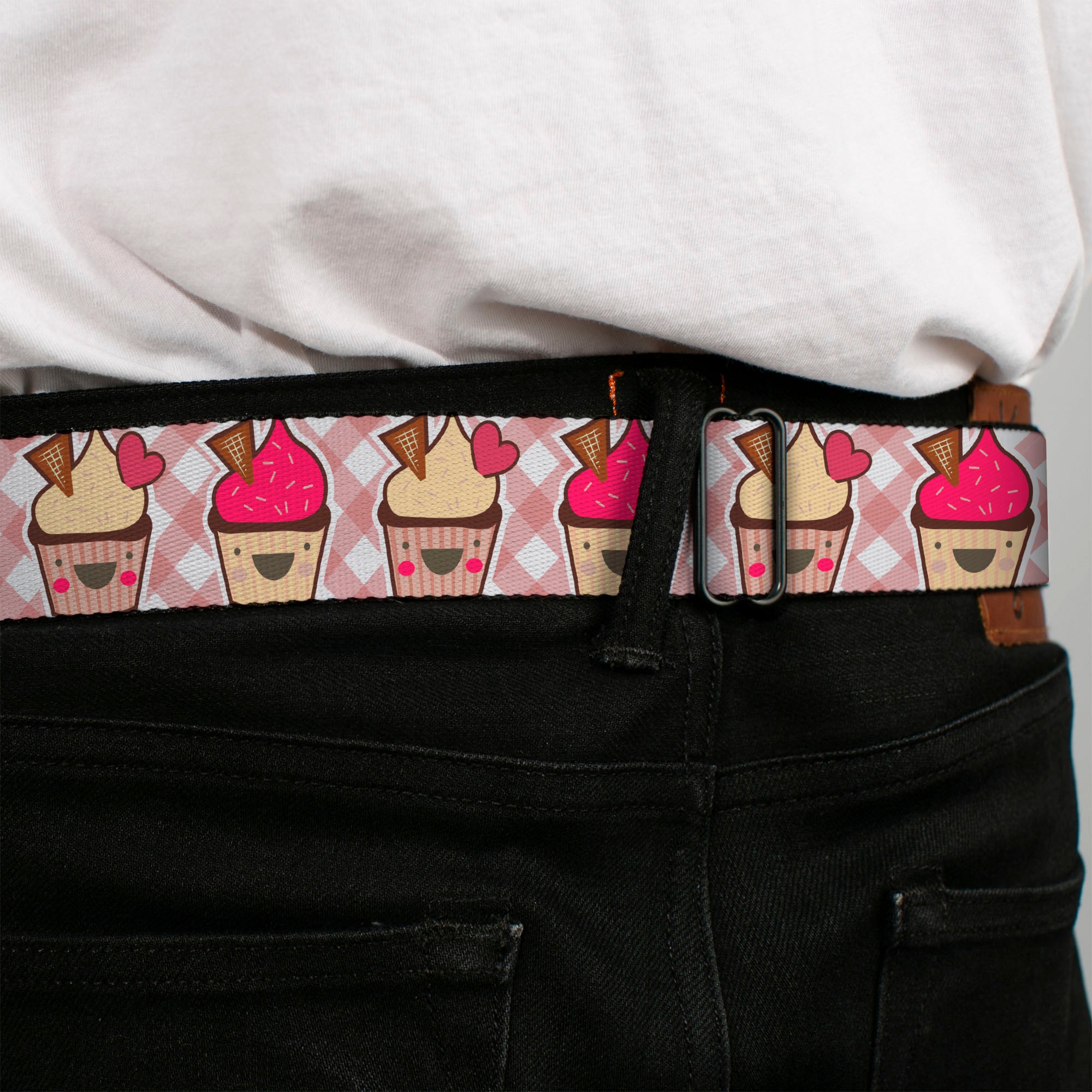 BD Wings Logo CLOSE-UP Full Color Black Silver Seatbelt Belt - Happy Cupcakes Buffalo Plaid White/Pink Webbing Seatbelt Belts Buckle-Down