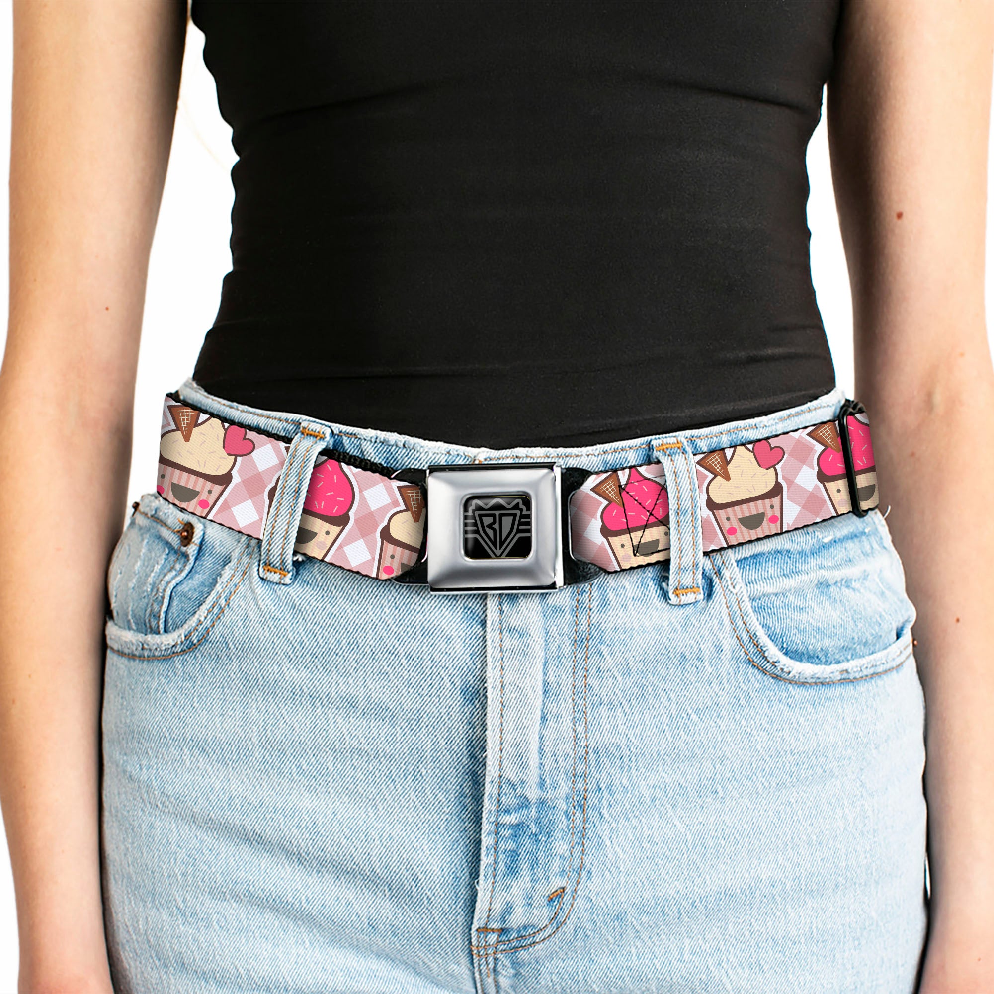 BD Wings Logo CLOSE-UP Full Color Black Silver Seatbelt Belt - Happy Cupcakes Buffalo Plaid White/Pink Webbing Seatbelt Belts Buckle-Down