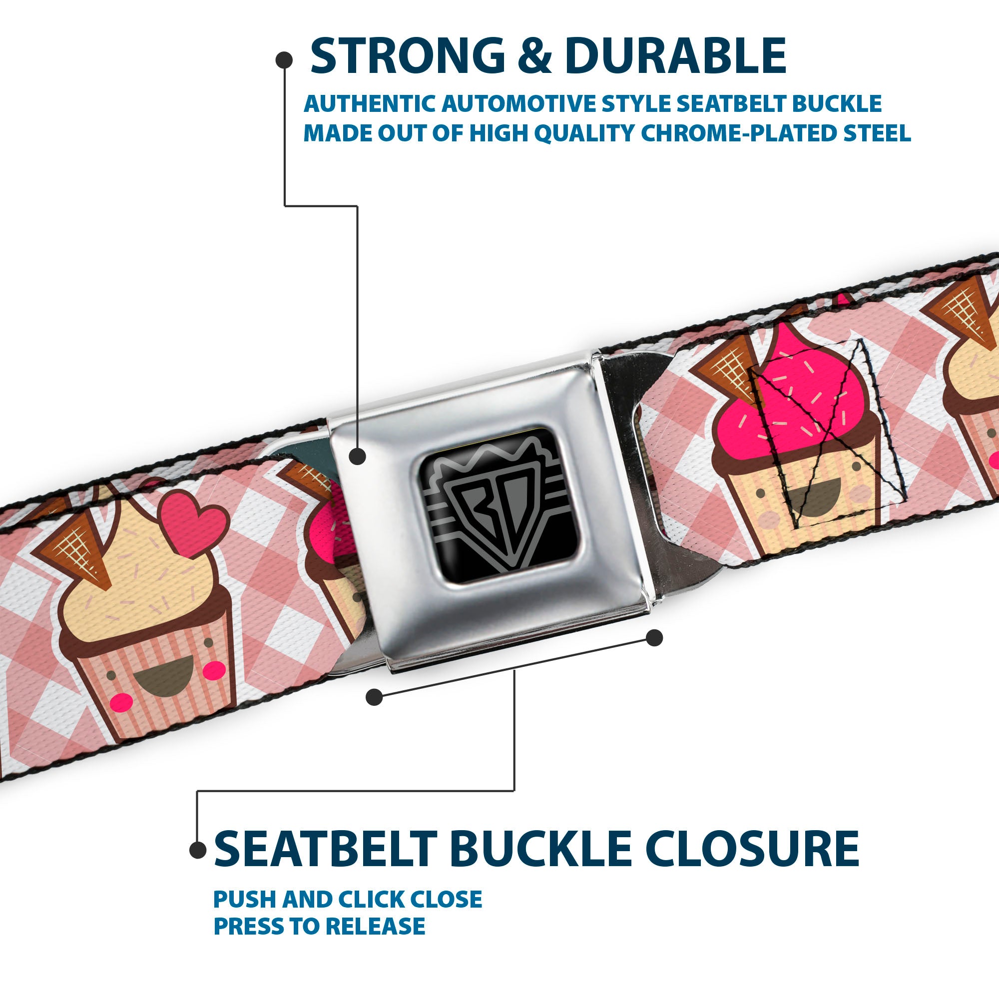BD Wings Logo CLOSE-UP Full Color Black Silver Seatbelt Belt - Happy Cupcakes Buffalo Plaid White/Pink Webbing Seatbelt Belts Buckle-Down