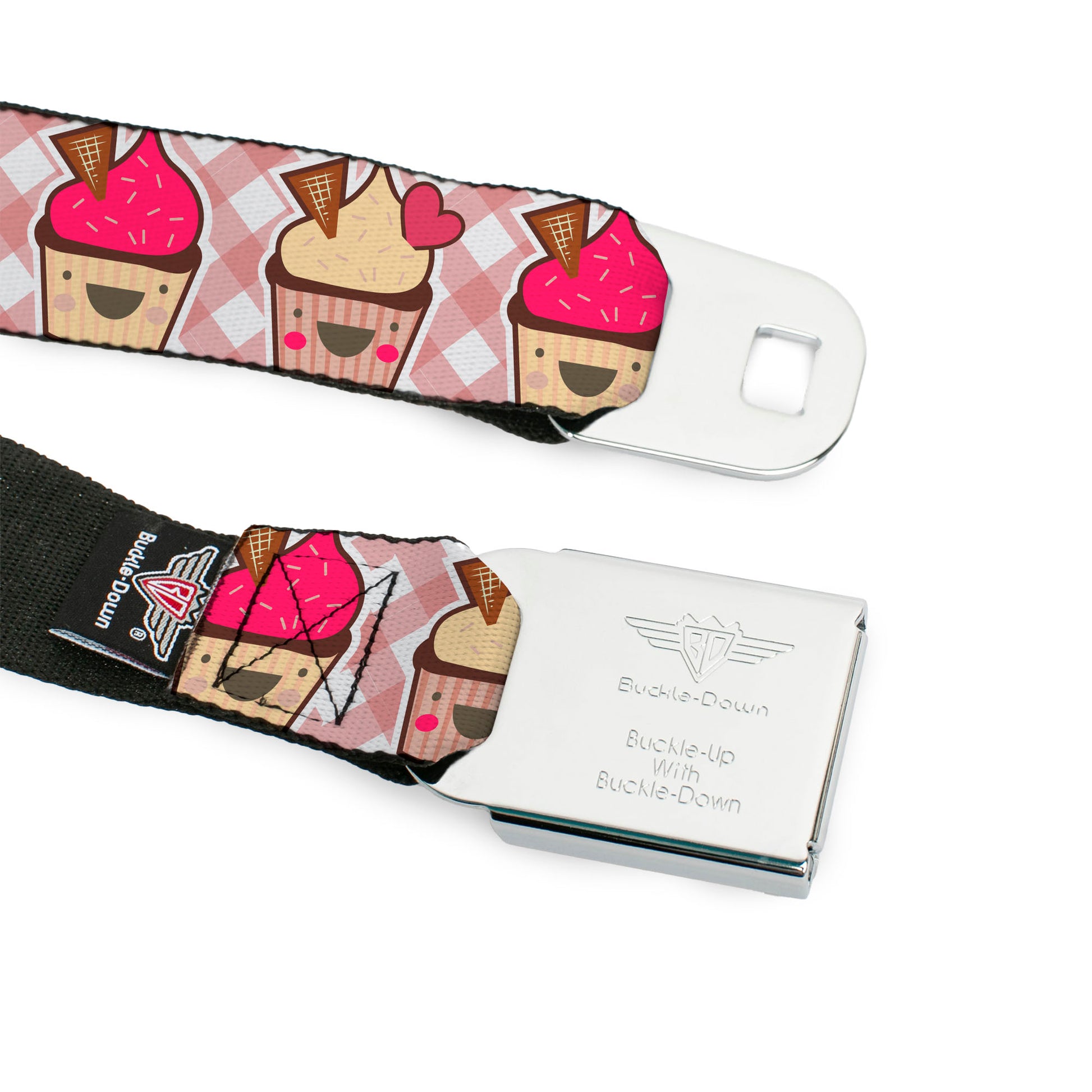 BD Wings Logo CLOSE-UP Full Color Black Silver Seatbelt Belt - Happy Cupcakes Buffalo Plaid White/Pink Webbing Seatbelt Belts Buckle-Down
