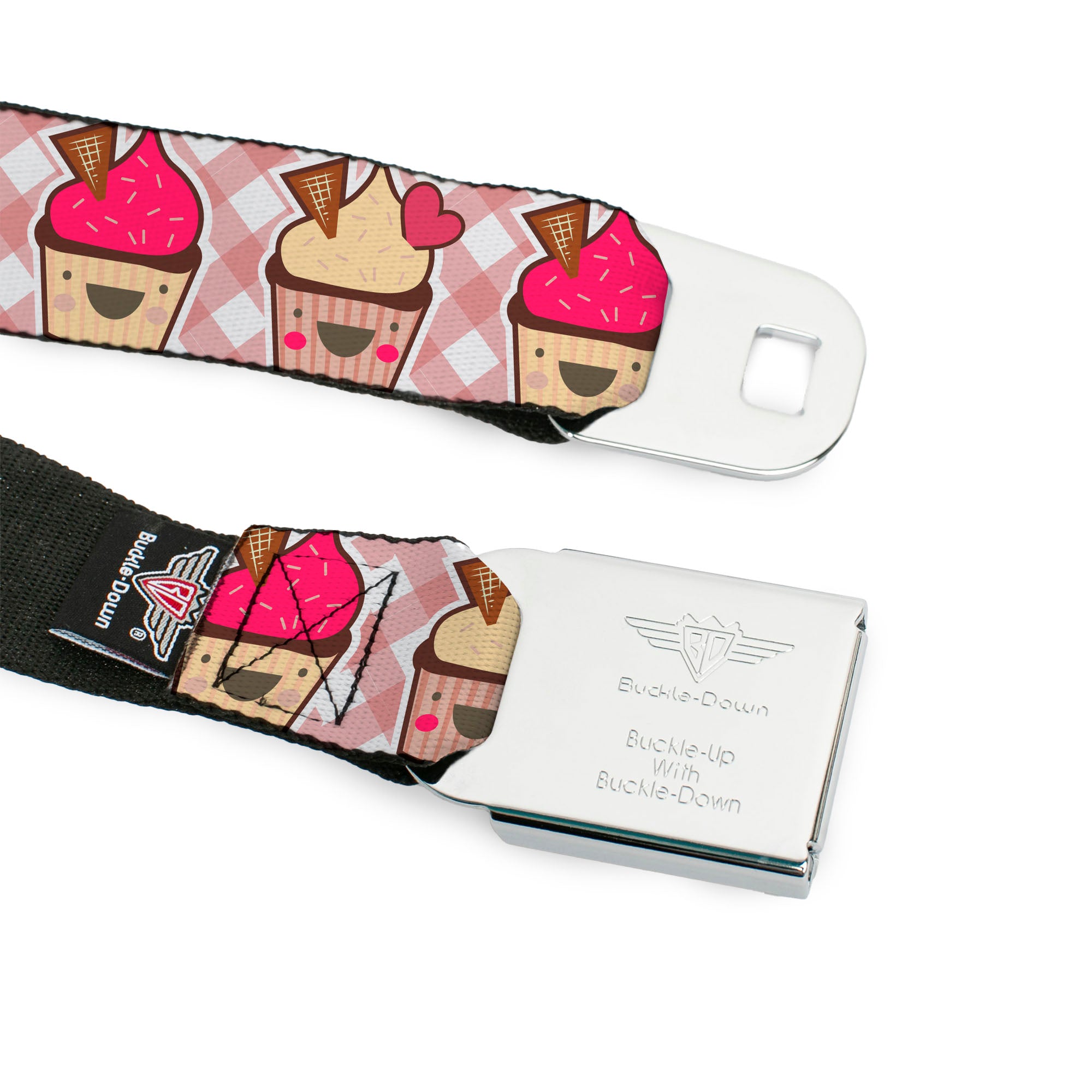BD Wings Logo CLOSE-UP Full Color Black Silver Seatbelt Belt - Happy Cupcakes Buffalo Plaid White/Pink Webbing Seatbelt Belts Buckle-Down