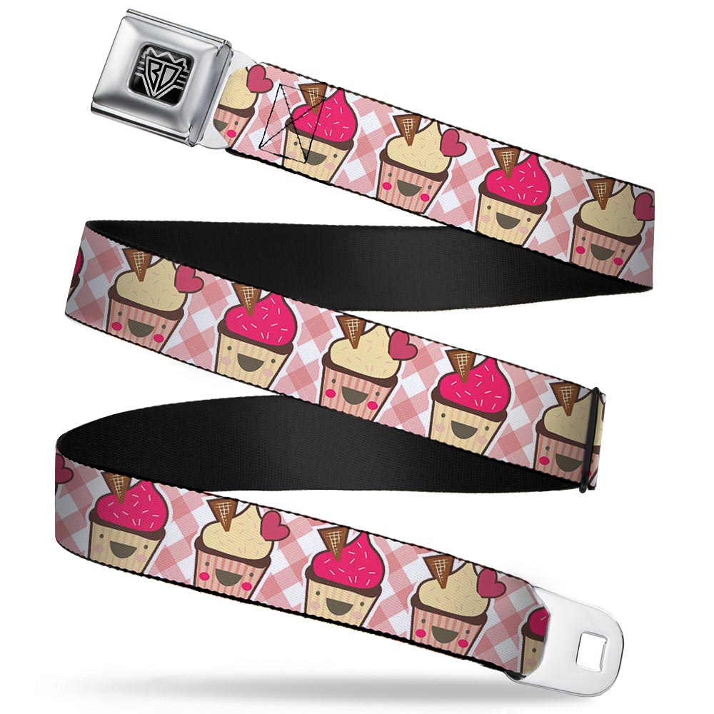 BD Wings Logo CLOSE-UP Full Color Black Silver Seatbelt Belt - Happy Cupcakes Buffalo Plaid White/Pink Webbing Seatbelt Belts Buckle-Down