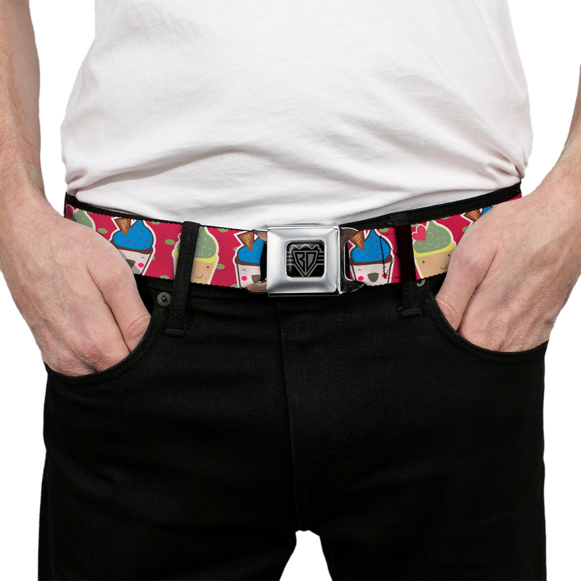 BD Wings Logo CLOSE-UP Full Color Black Silver Seatbelt Belt - Happy Cupcakes/Dots Pink/Green Webbing Seatbelt Belts Buckle-Down
