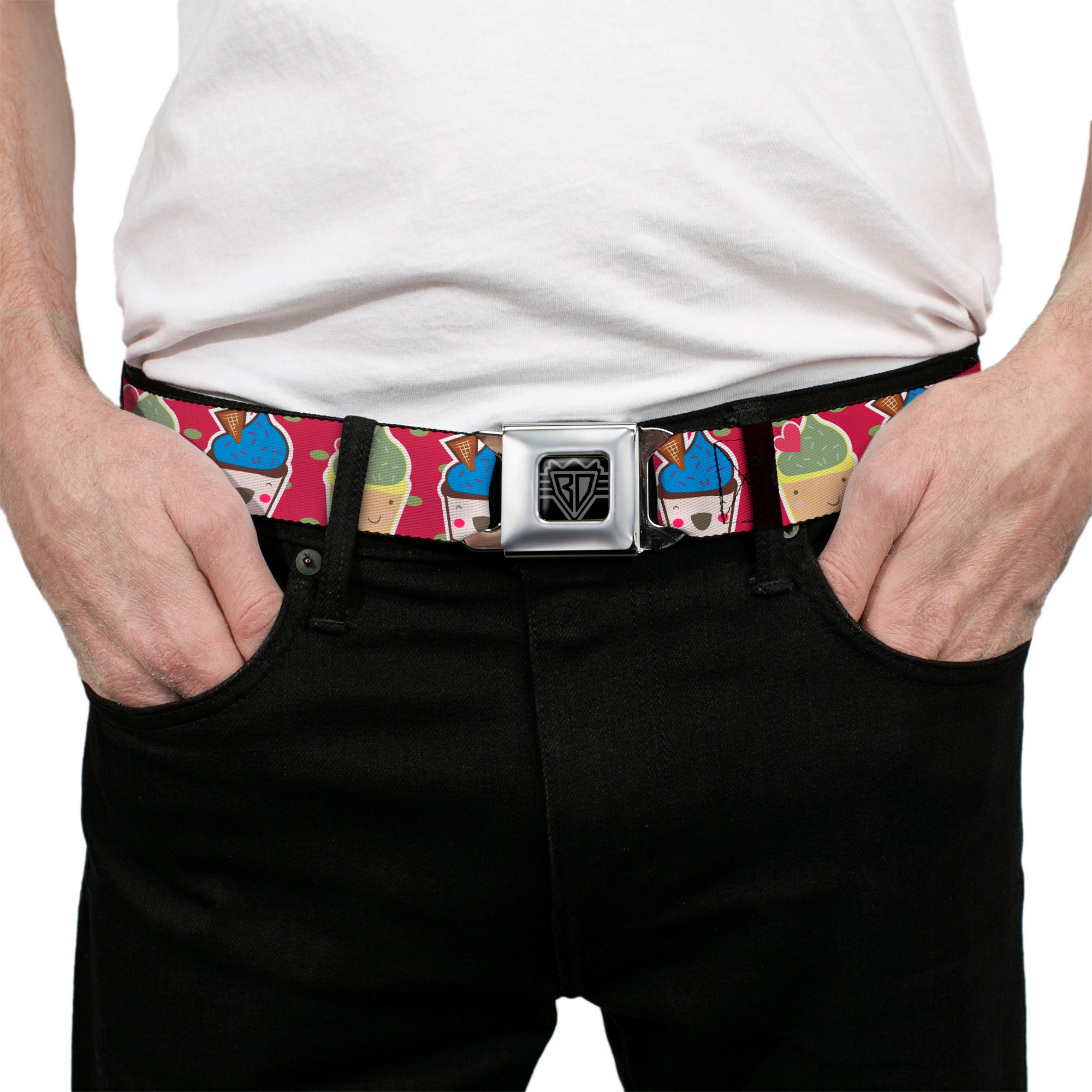 BD Wings Logo CLOSE-UP Full Color Black Silver Seatbelt Belt - Happy Cupcakes/Dots Pink/Green Webbing Seatbelt Belts Buckle-Down