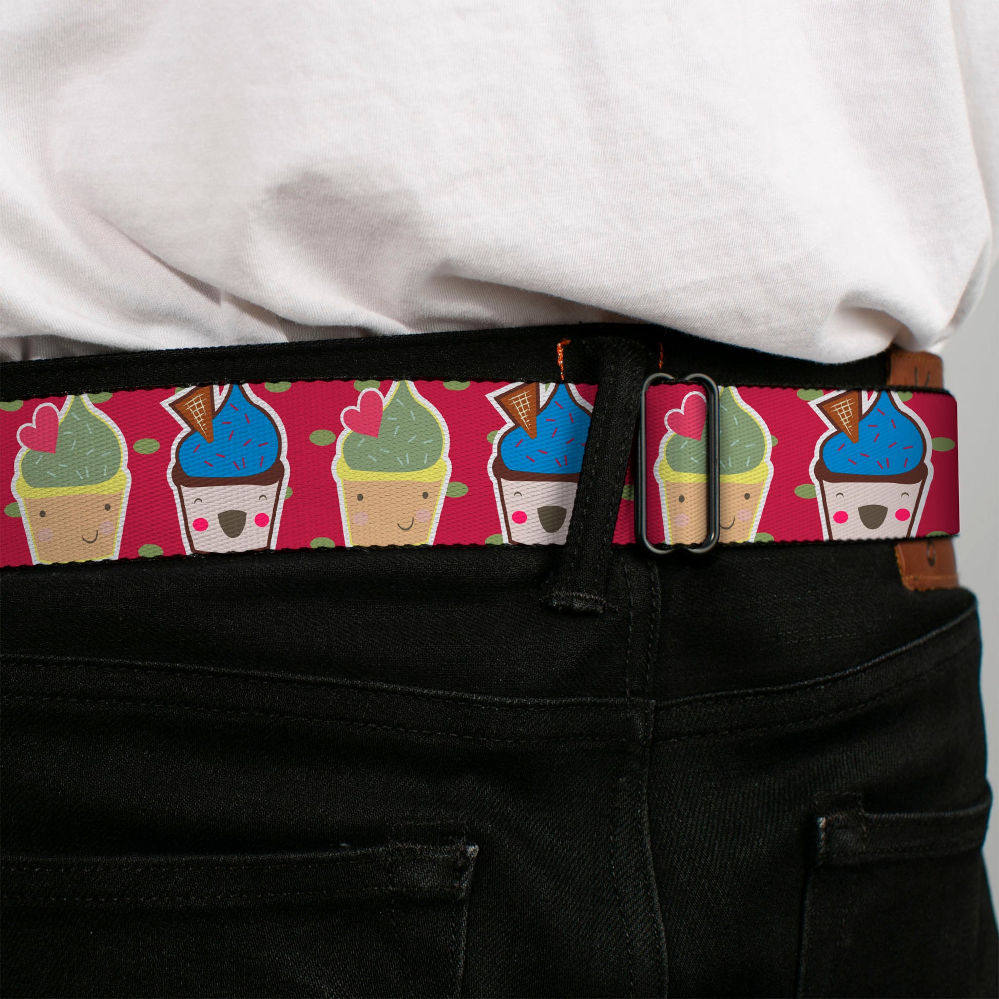 BD Wings Logo CLOSE-UP Full Color Black Silver Seatbelt Belt - Happy Cupcakes/Dots Pink/Green Webbing Seatbelt Belts Buckle-Down