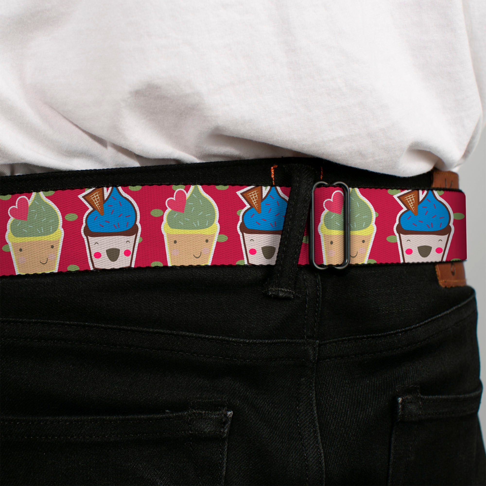 BD Wings Logo CLOSE-UP Full Color Black Silver Seatbelt Belt - Happy Cupcakes/Dots Pink/Green Webbing Seatbelt Belts Buckle-Down