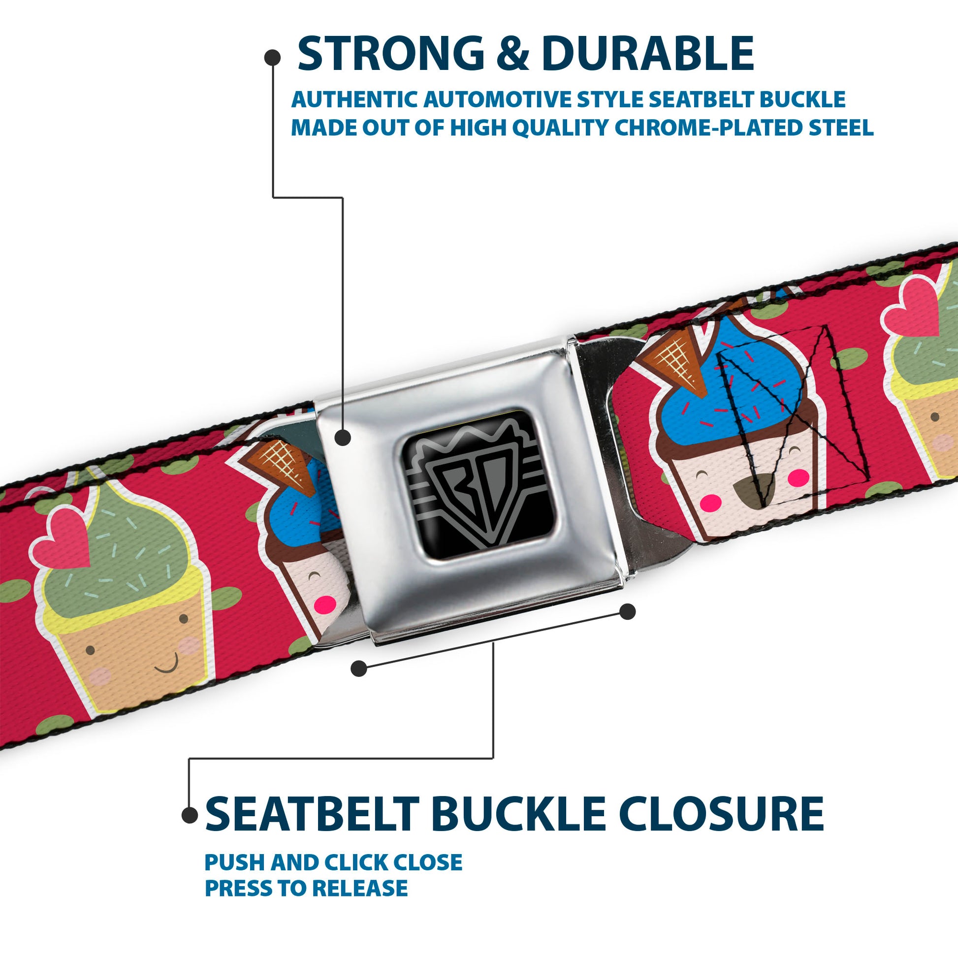 BD Wings Logo CLOSE-UP Full Color Black Silver Seatbelt Belt - Happy Cupcakes/Dots Pink/Green Webbing Seatbelt Belts Buckle-Down