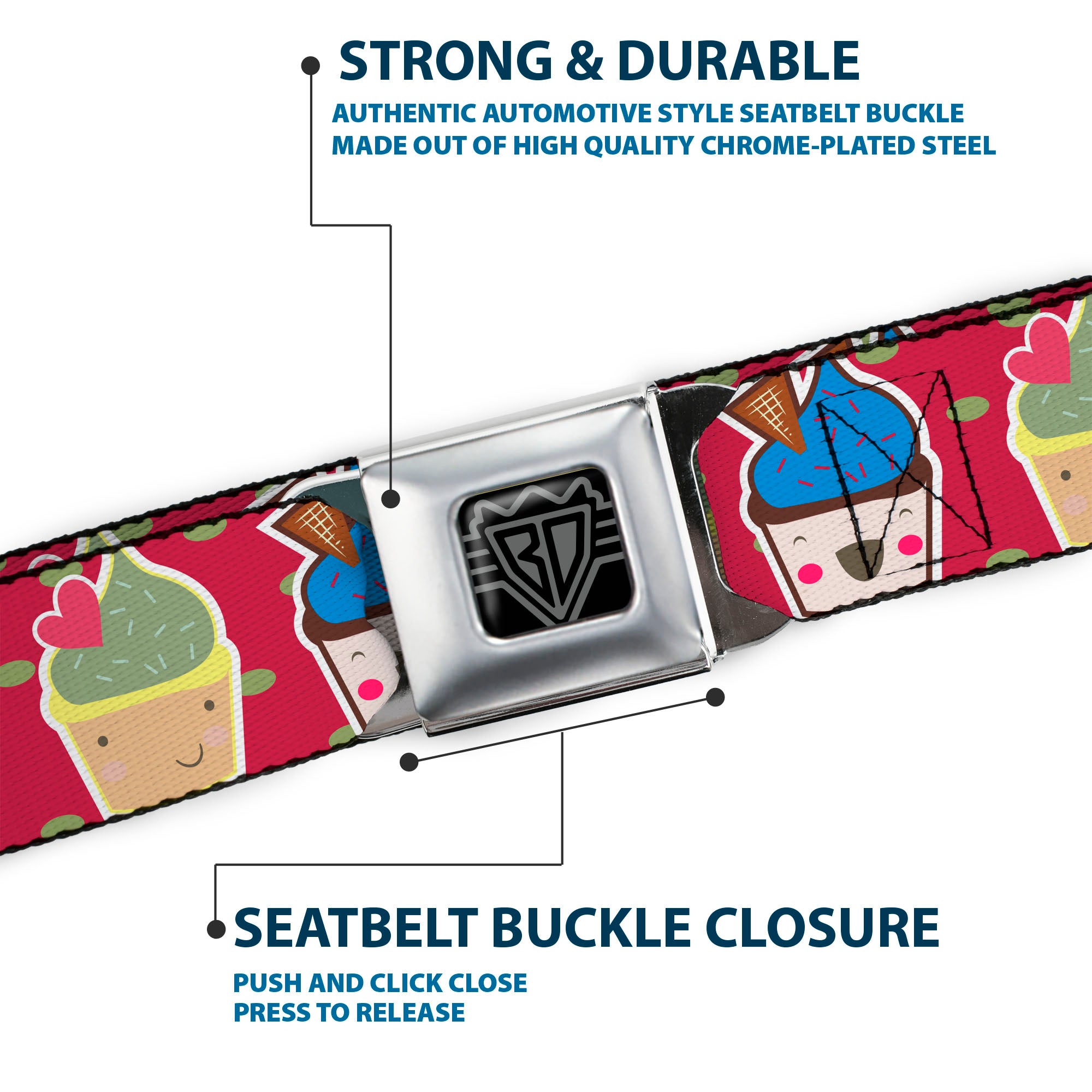BD Wings Logo CLOSE-UP Full Color Black Silver Seatbelt Belt - Happy Cupcakes/Dots Pink/Green Webbing Seatbelt Belts Buckle-Down