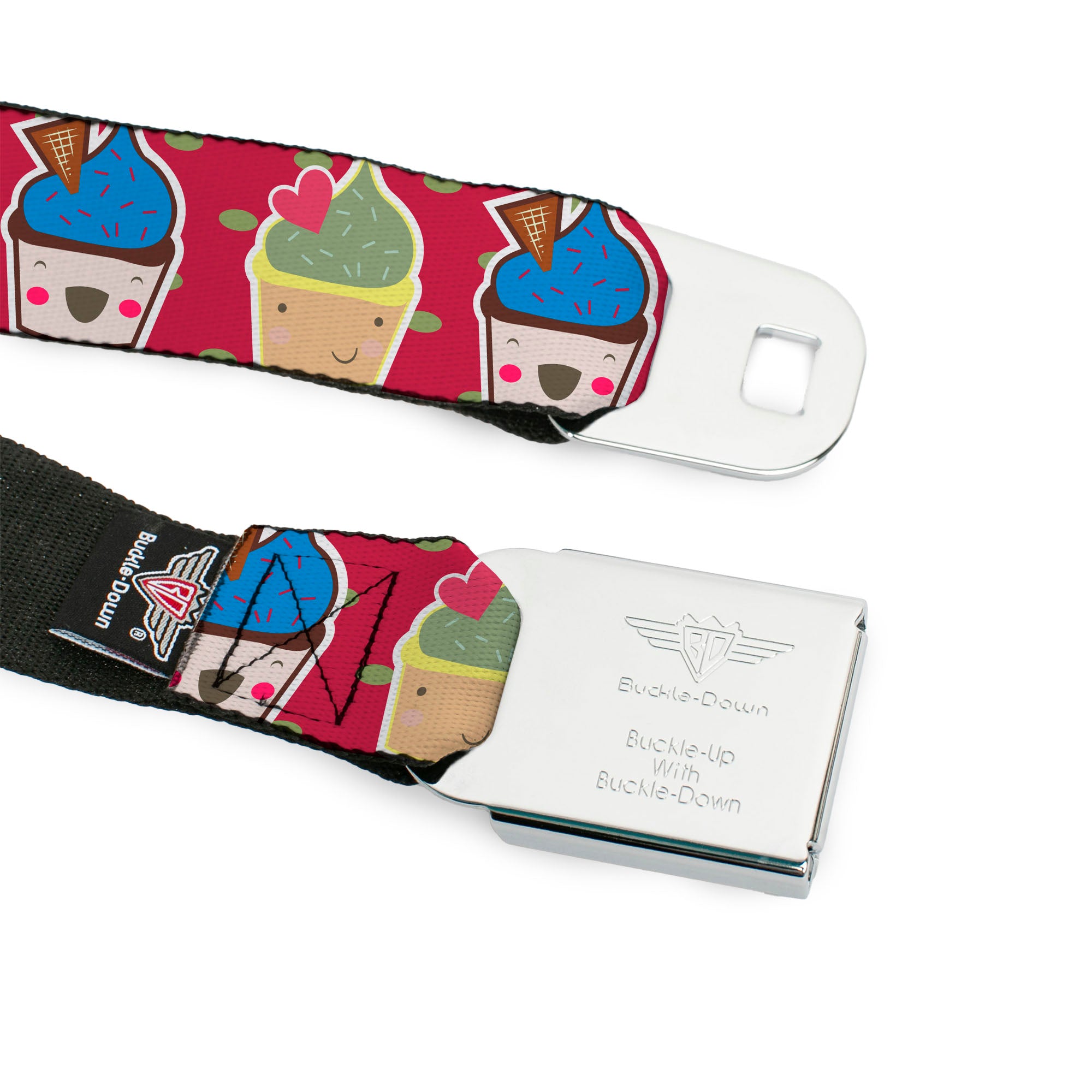 BD Wings Logo CLOSE-UP Full Color Black Silver Seatbelt Belt - Happy Cupcakes/Dots Pink/Green Webbing Seatbelt Belts Buckle-Down