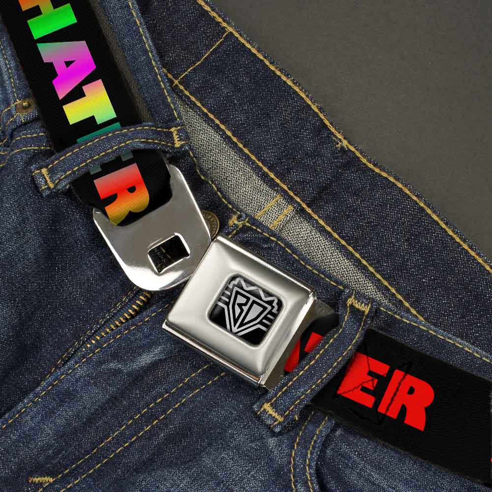 BD Wings Logo CLOSE-UP Full Color Black Silver Seatbelt Belt - HATER Black/Red/Rainbow Fade Webbing Seatbelt Belts Buckle-Down