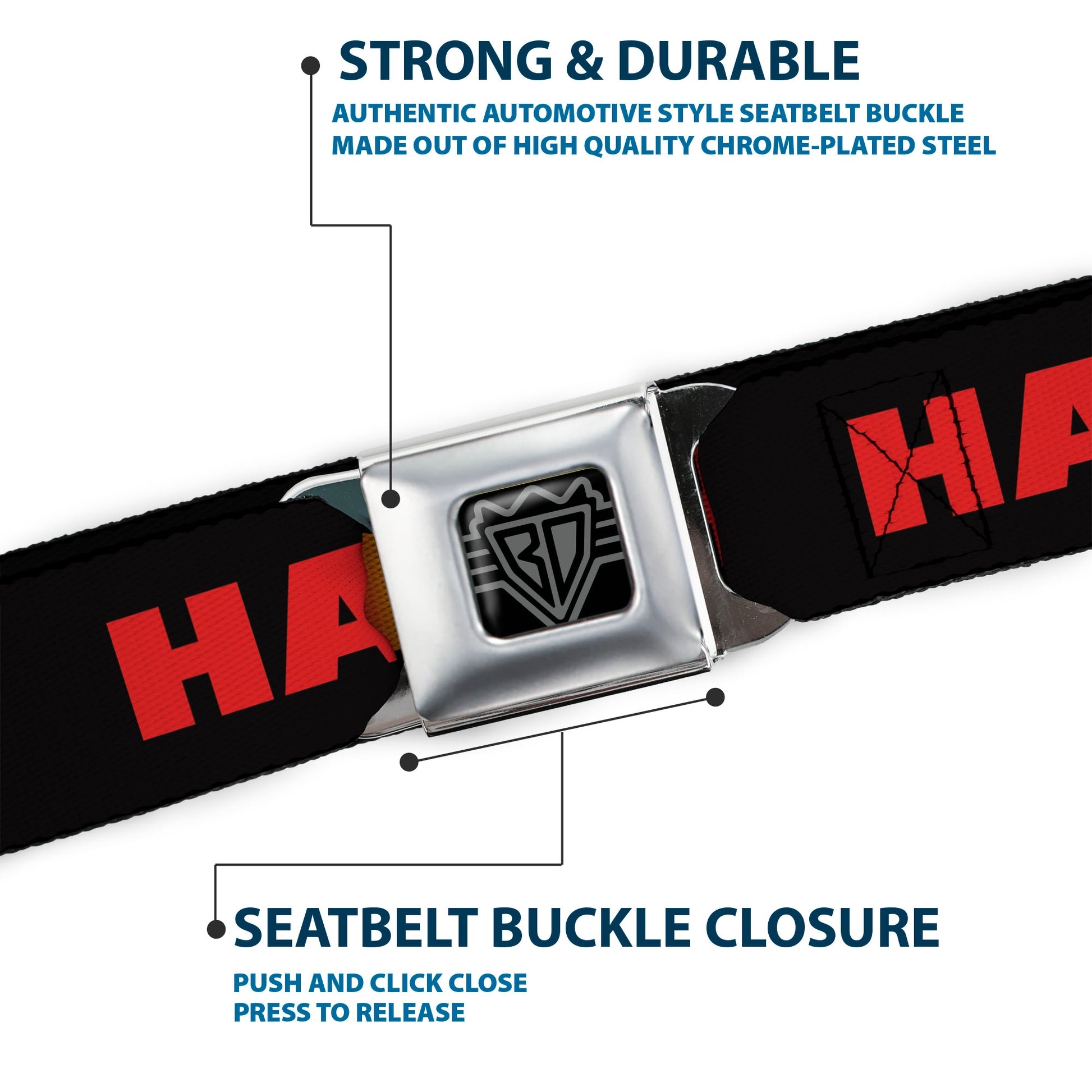 BD Wings Logo CLOSE-UP Full Color Black Silver Seatbelt Belt - HATER Black/Red/Rainbow Fade Webbing Seatbelt Belts Buckle-Down
