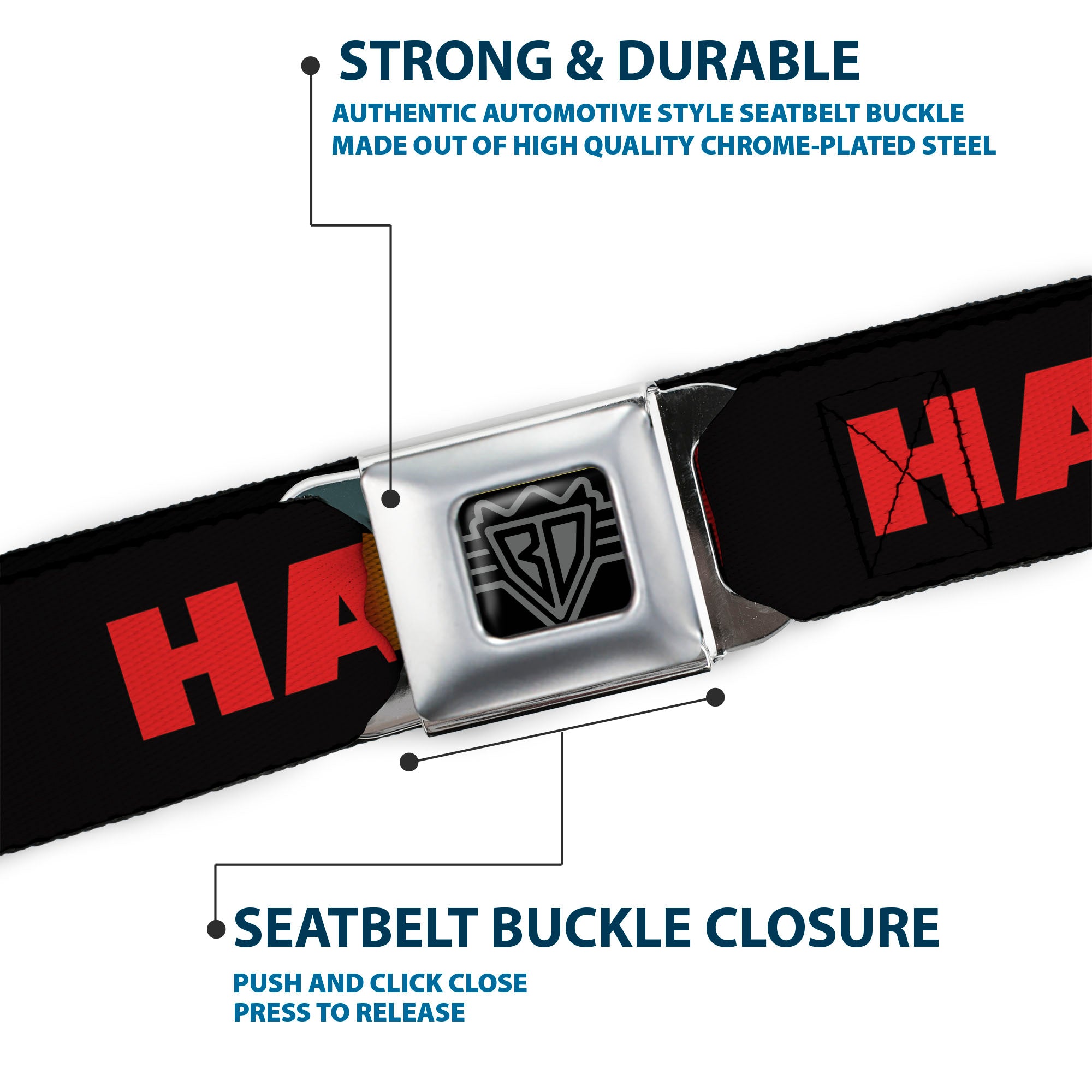 BD Wings Logo CLOSE-UP Full Color Black Silver Seatbelt Belt - HATER Black/Red/Rainbow Fade Webbing Seatbelt Belts Buckle-Down