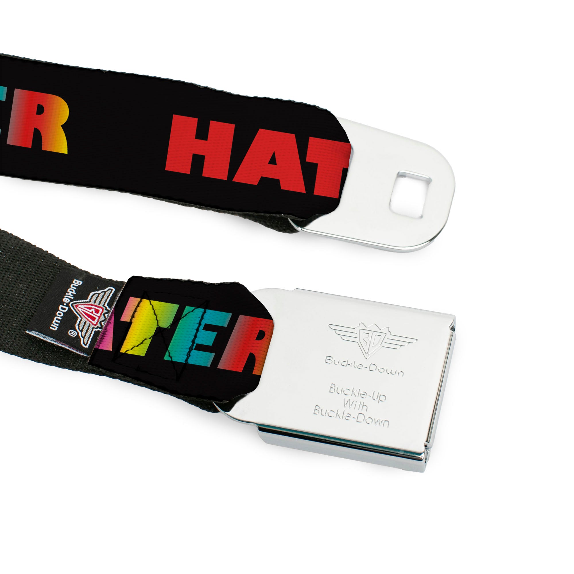 BD Wings Logo CLOSE-UP Full Color Black Silver Seatbelt Belt - HATER Black/Red/Rainbow Fade Webbing Seatbelt Belts Buckle-Down