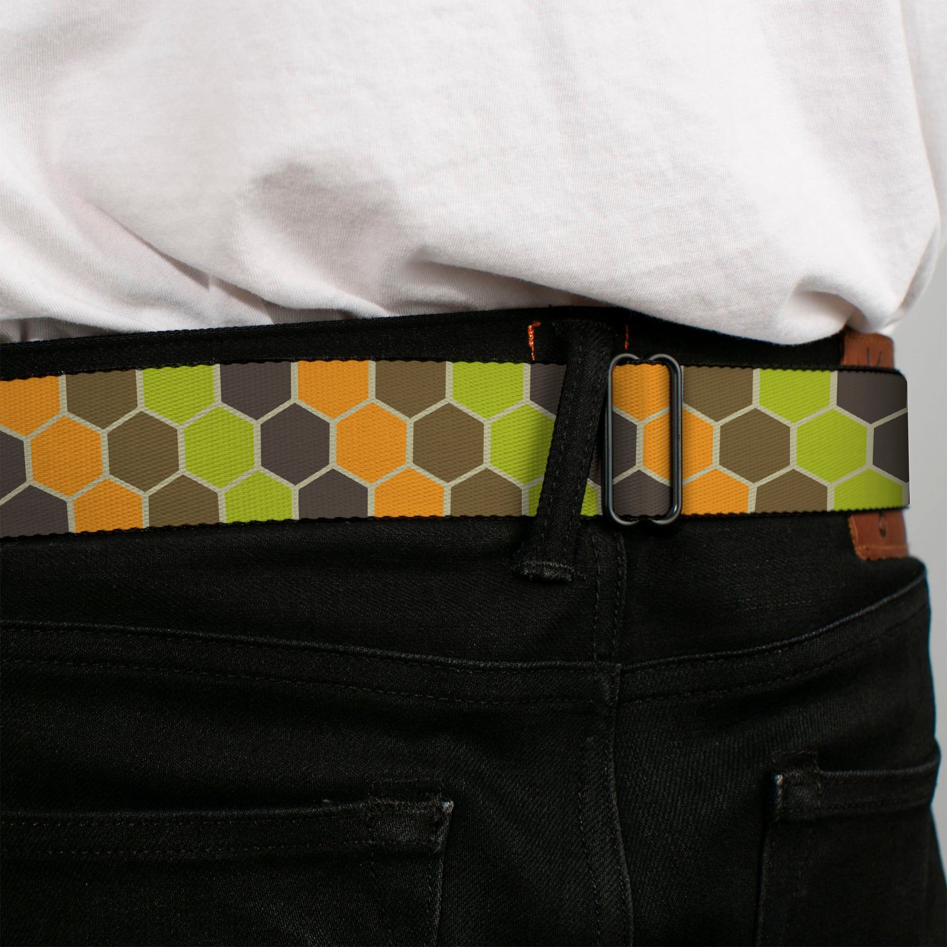 BD Wings Logo CLOSE-UP Full Color Black Silver Seatbelt Belt - Honeycomb Greens/Orange Webbing Seatbelt Belts Buckle-Down