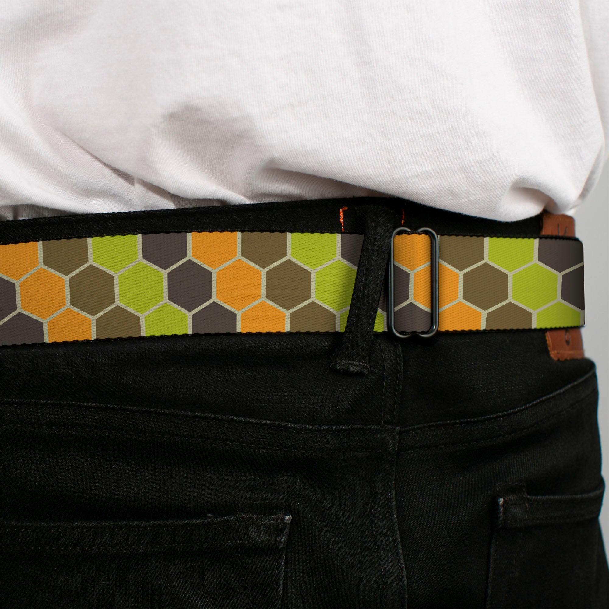 BD Wings Logo CLOSE-UP Full Color Black Silver Seatbelt Belt - Honeycomb Greens/Orange Webbing Seatbelt Belts Buckle-Down