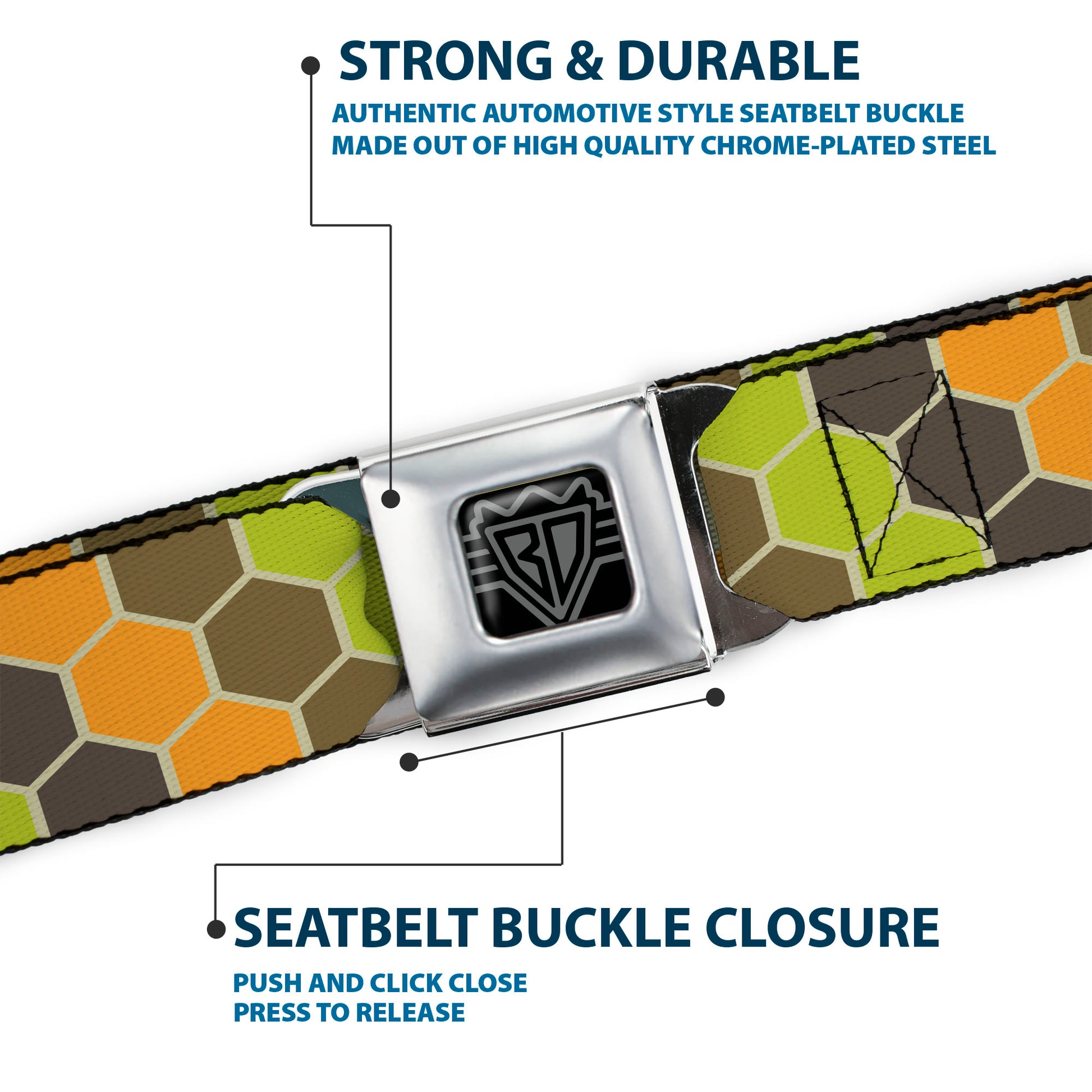 BD Wings Logo CLOSE-UP Full Color Black Silver Seatbelt Belt - Honeycomb Greens/Orange Webbing Seatbelt Belts Buckle-Down