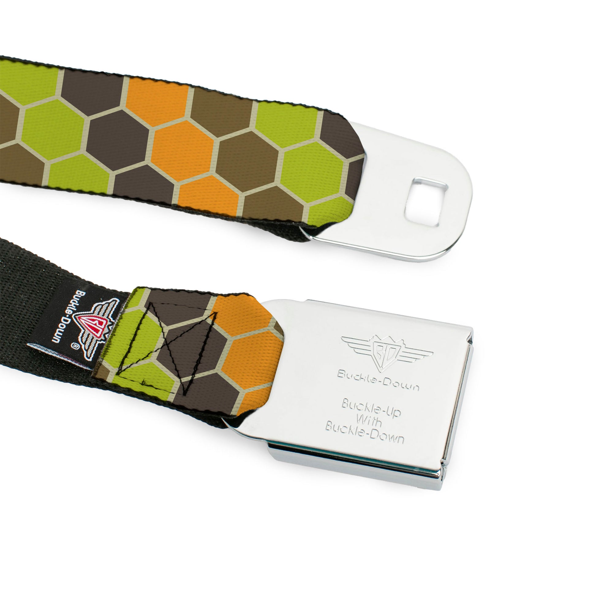 BD Wings Logo CLOSE-UP Full Color Black Silver Seatbelt Belt - Honeycomb Greens/Orange Webbing Seatbelt Belts Buckle-Down