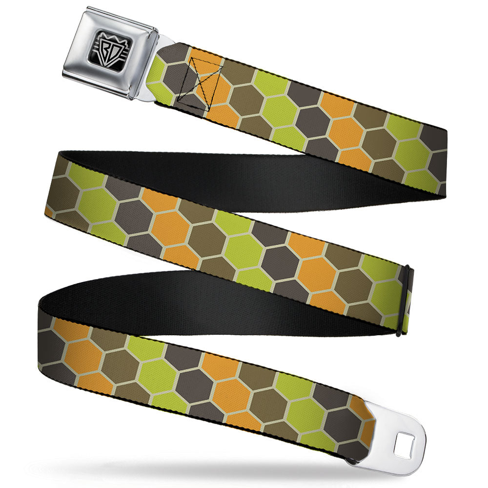 BD Wings Logo CLOSE-UP Full Color Black Silver Seatbelt Belt - Honeycomb Greens/Orange Webbing Seatbelt Belts Buckle-Down