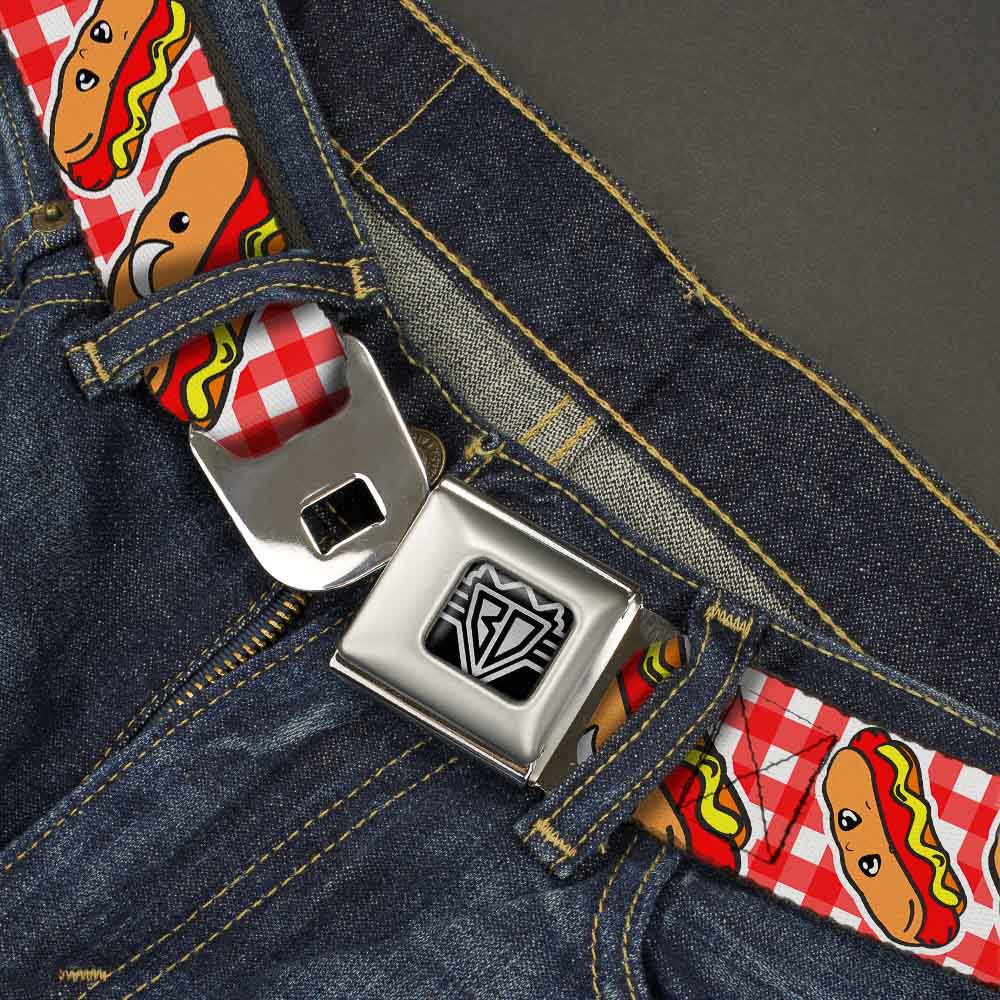 BD Wings Logo CLOSE-UP Full Color Black Silver Seatbelt Belt - Hot Dogs Buffalo Plaid White/Red Webbing Seatbelt Belts Buckle-Down