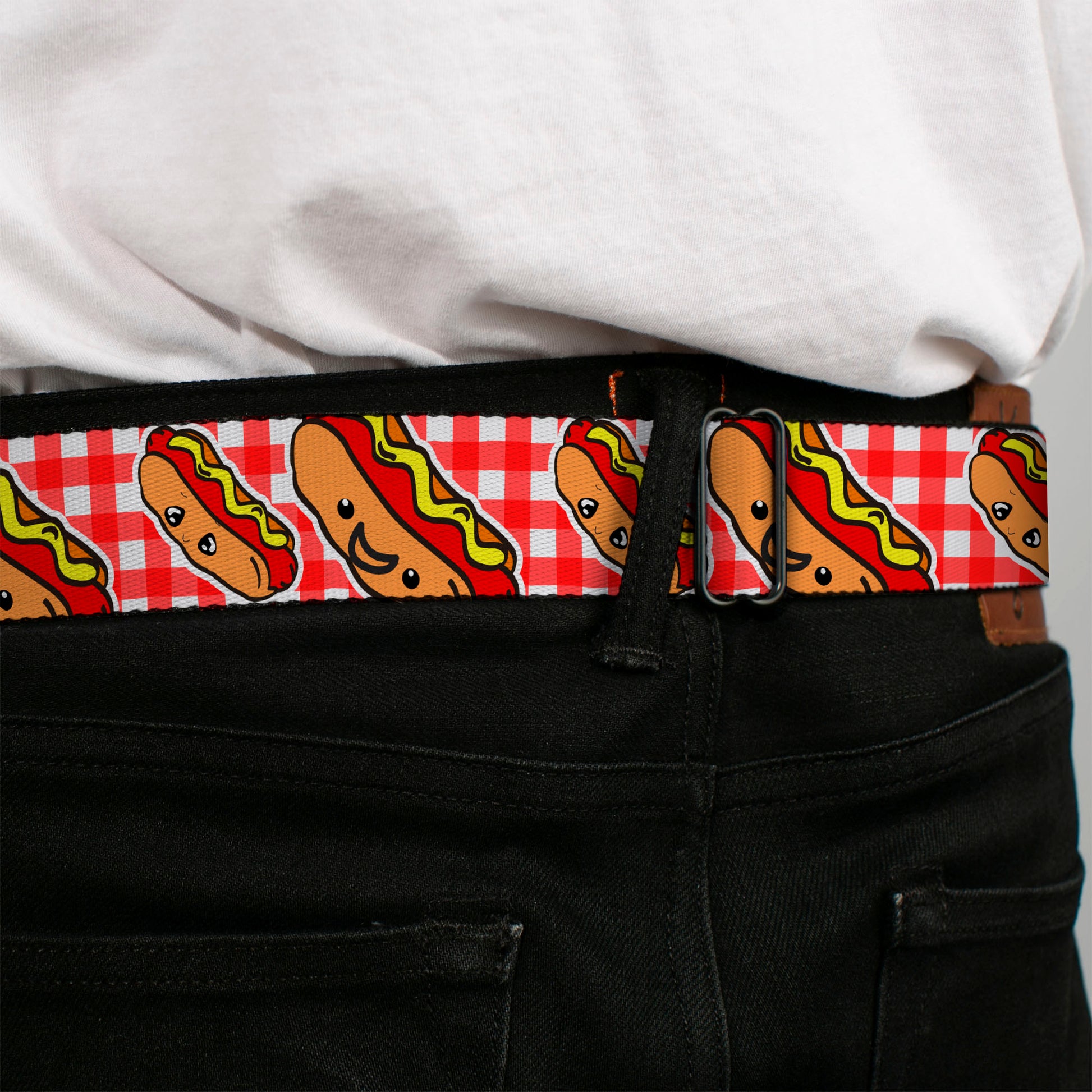 BD Wings Logo CLOSE-UP Full Color Black Silver Seatbelt Belt - Hot Dogs Buffalo Plaid White/Red Webbing Seatbelt Belts Buckle-Down