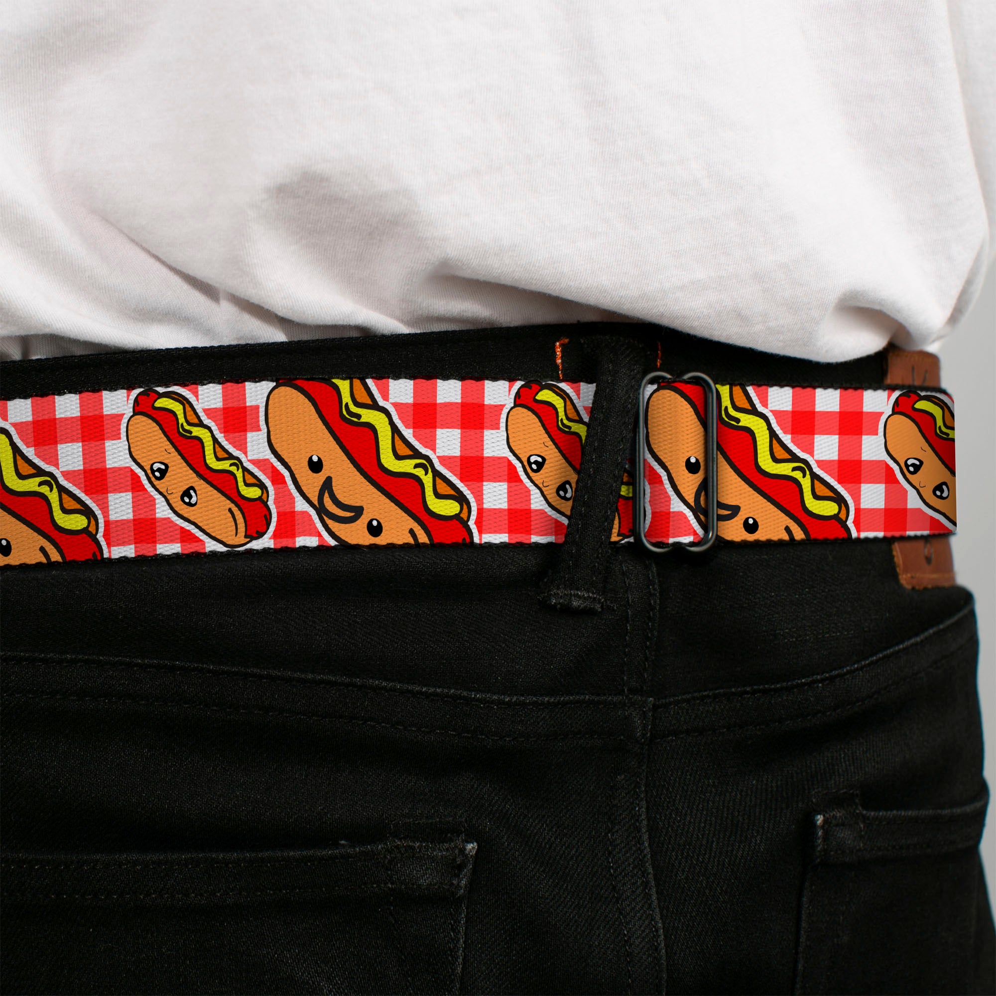 BD Wings Logo CLOSE-UP Full Color Black Silver Seatbelt Belt - Hot Dogs Buffalo Plaid White/Red Webbing Seatbelt Belts Buckle-Down