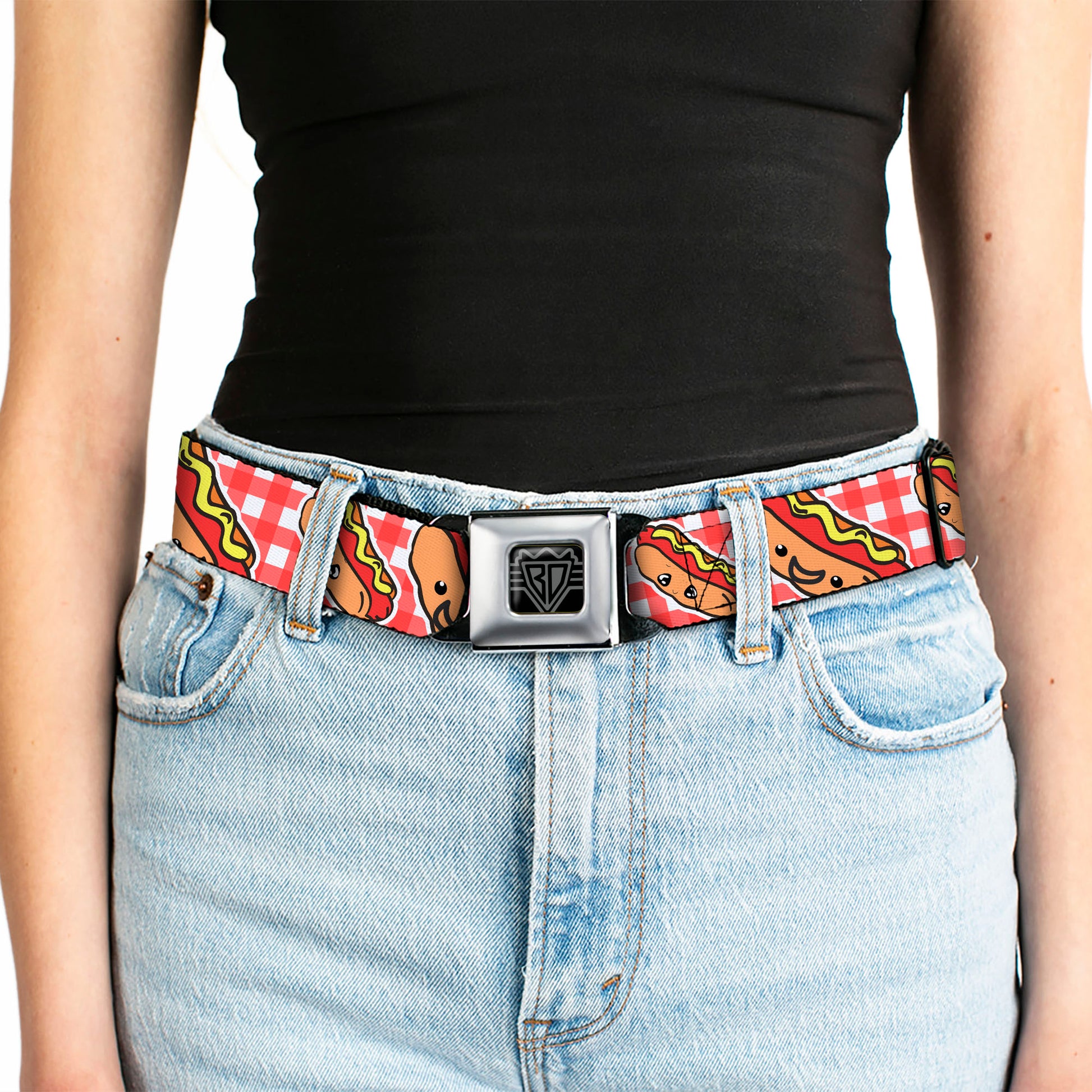 BD Wings Logo CLOSE-UP Full Color Black Silver Seatbelt Belt - Hot Dogs Buffalo Plaid White/Red Webbing Seatbelt Belts Buckle-Down
