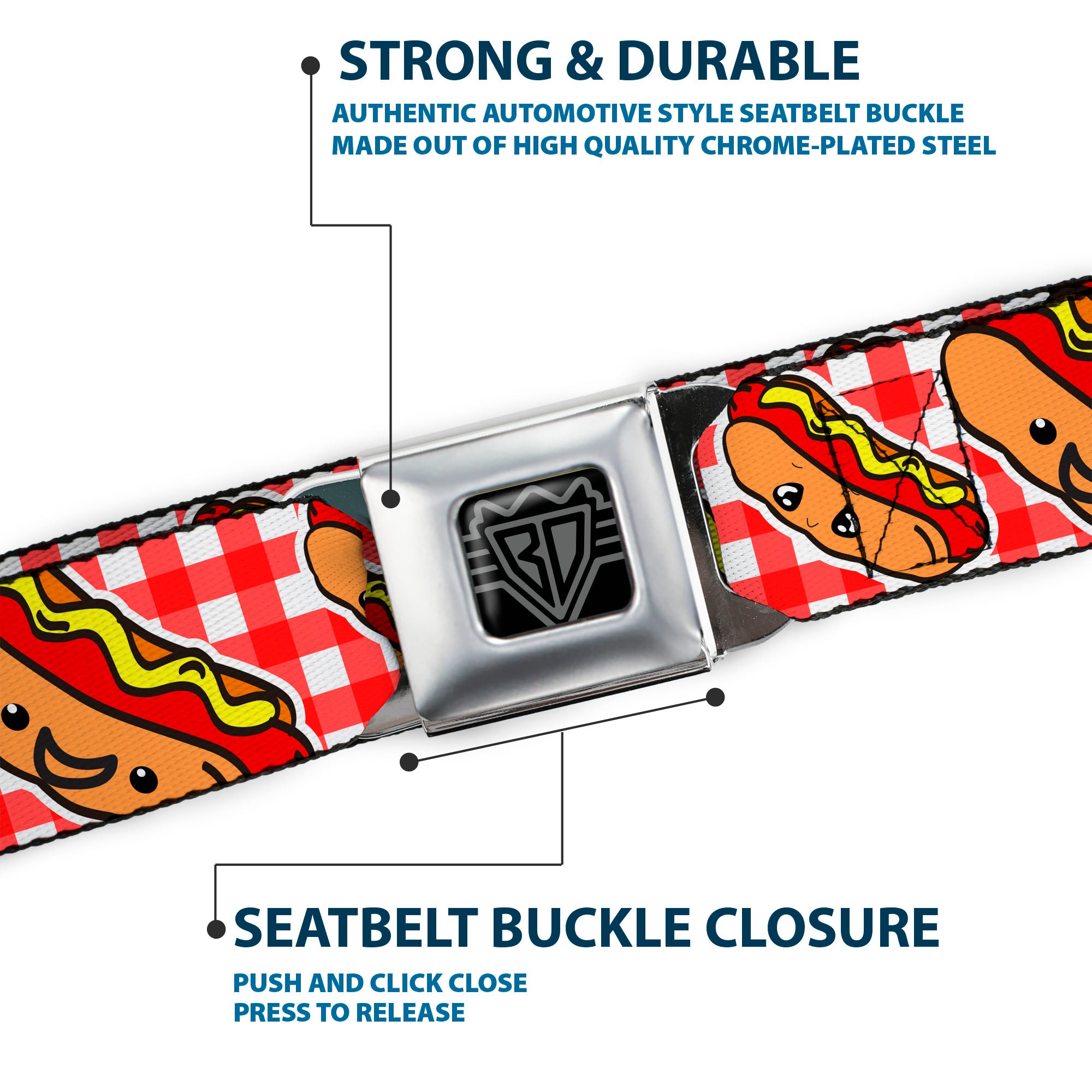 BD Wings Logo CLOSE-UP Full Color Black Silver Seatbelt Belt - Hot Dogs Buffalo Plaid White/Red Webbing Seatbelt Belts Buckle-Down