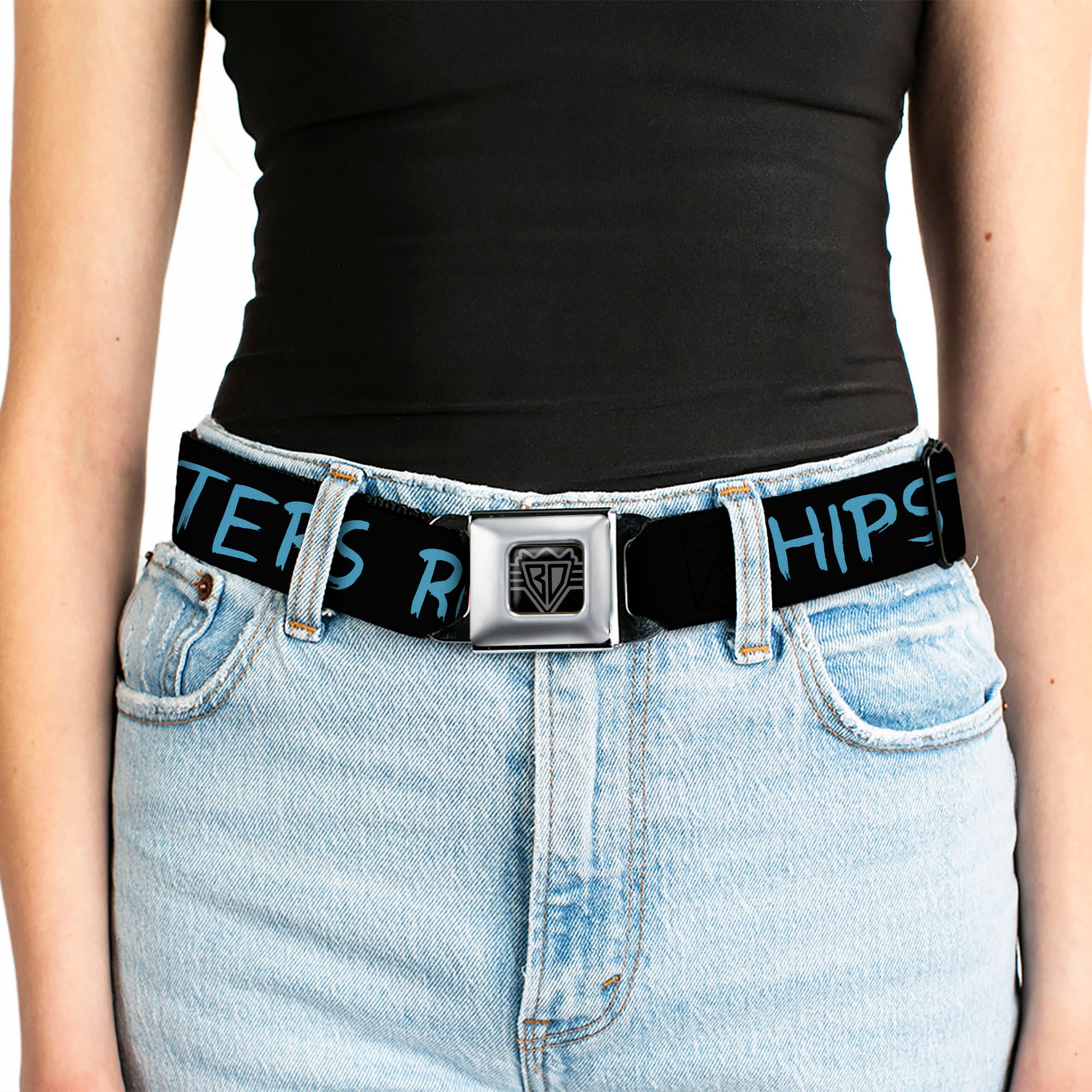BD Wings Logo CLOSE-UP Full Color Black Silver Seatbelt Belt - HIPSTERS RUIN EVERYTHING Black/Blue Webbing Seatbelt Belts Buckle-Down