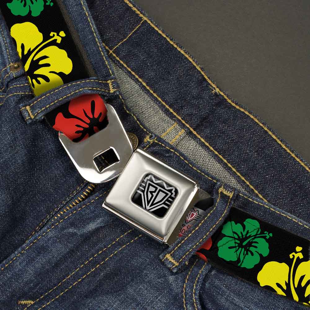 BD Wings Logo CLOSE-UP Full Color Black Silver Seatbelt Belt - Hibiscus CLOSE-UP Black/Green/Yellow/Red Webbing Seatbelt Belts Buckle-Down