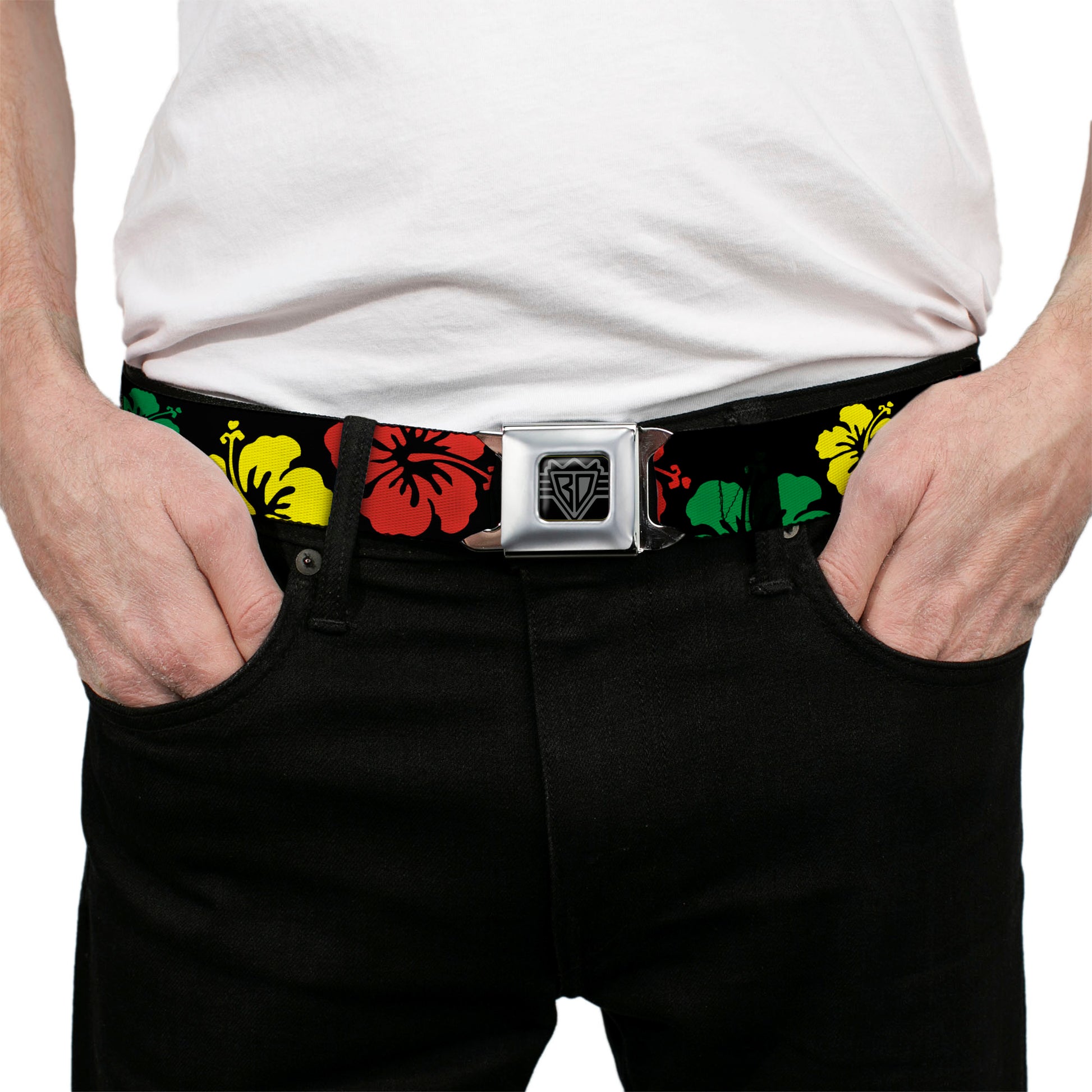 BD Wings Logo CLOSE-UP Full Color Black Silver Seatbelt Belt - Hibiscus CLOSE-UP Black/Green/Yellow/Red Webbing Seatbelt Belts Buckle-Down
