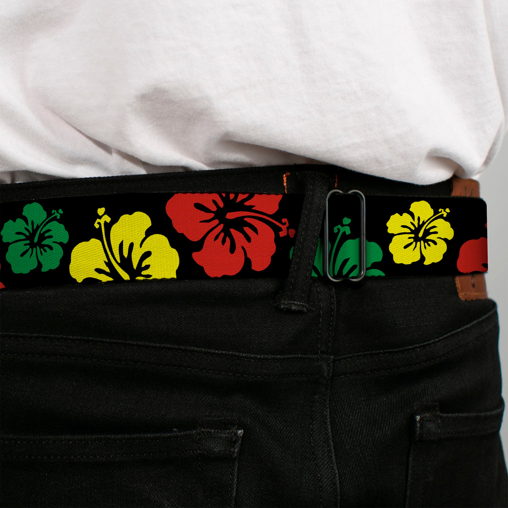 BD Wings Logo CLOSE-UP Full Color Black Silver Seatbelt Belt - Hibiscus CLOSE-UP Black/Green/Yellow/Red Webbing Seatbelt Belts Buckle-Down