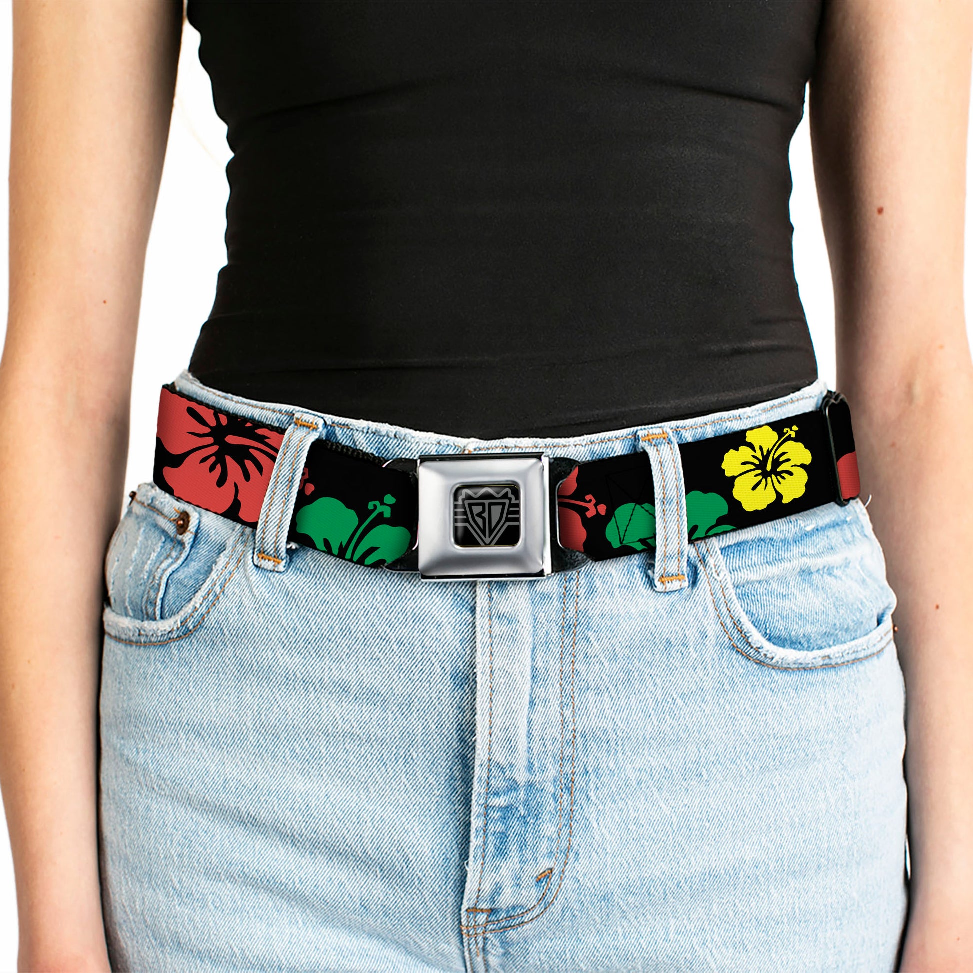 BD Wings Logo CLOSE-UP Full Color Black Silver Seatbelt Belt - Hibiscus CLOSE-UP Black/Green/Yellow/Red Webbing Seatbelt Belts Buckle-Down