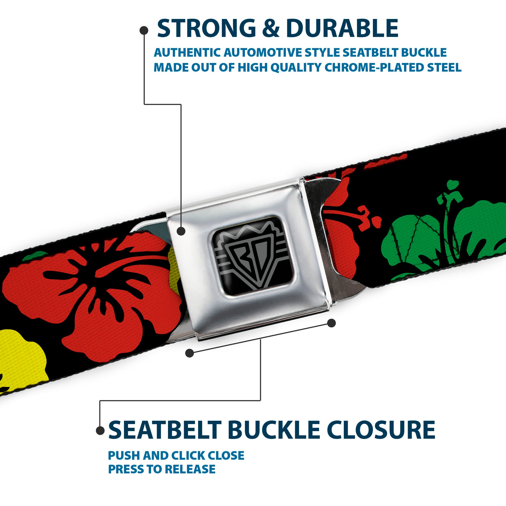 BD Wings Logo CLOSE-UP Full Color Black Silver Seatbelt Belt - Hibiscus CLOSE-UP Black/Green/Yellow/Red Webbing Seatbelt Belts Buckle-Down