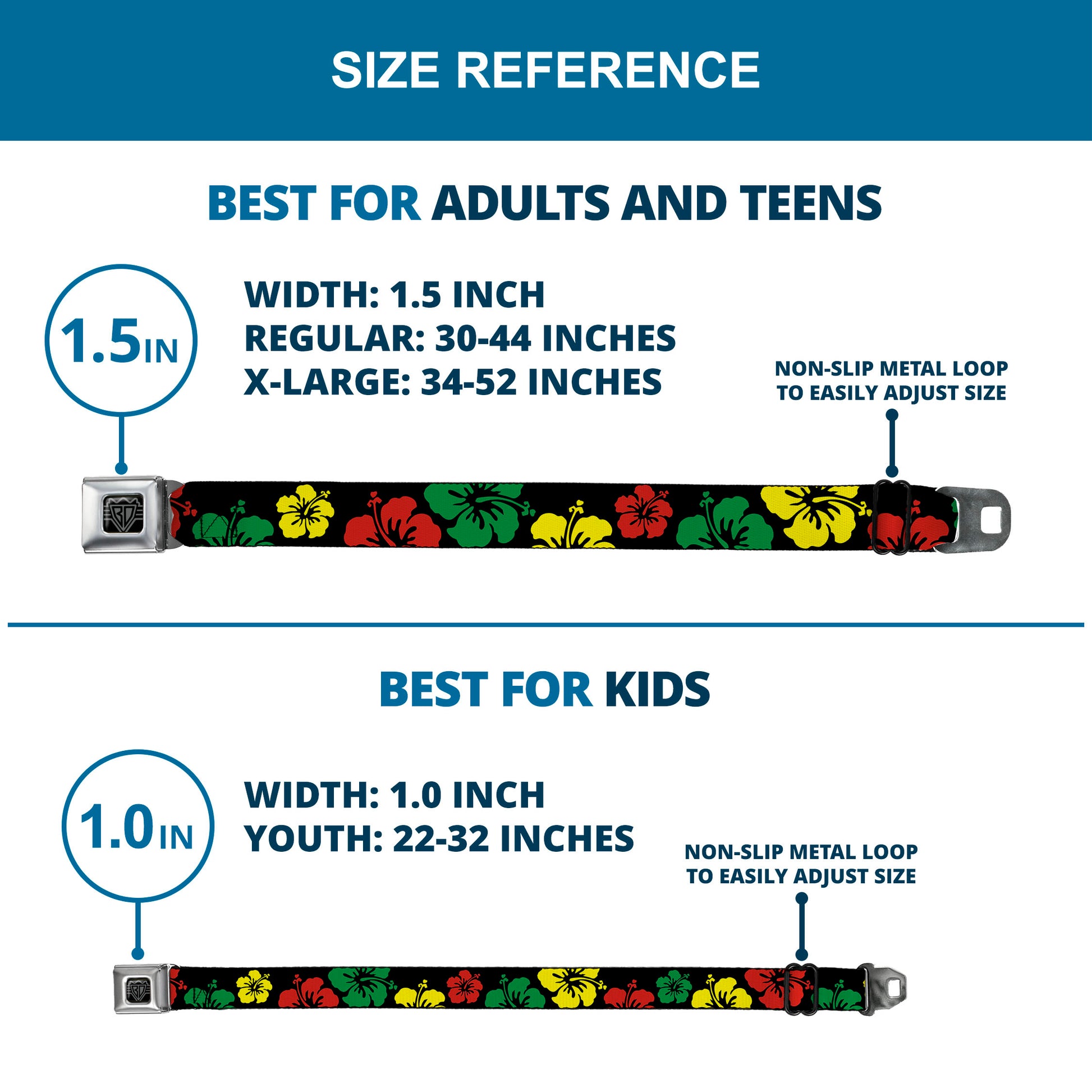 BD Wings Logo CLOSE-UP Full Color Black Silver Seatbelt Belt - Hibiscus CLOSE-UP Black/Green/Yellow/Red Webbing Seatbelt Belts Buckle-Down