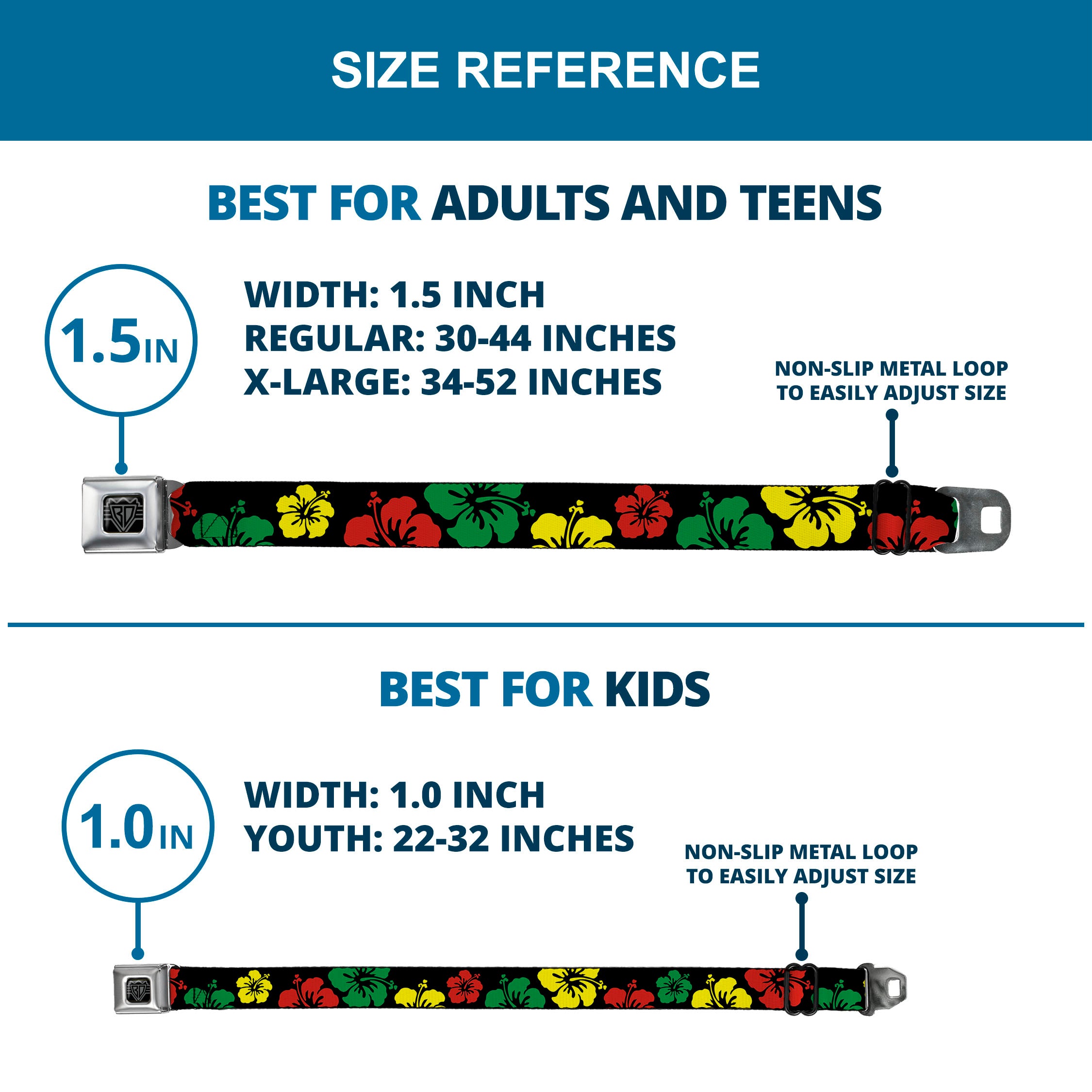 BD Wings Logo CLOSE-UP Full Color Black Silver Seatbelt Belt - Hibiscus CLOSE-UP Black/Green/Yellow/Red Webbing Seatbelt Belts Buckle-Down