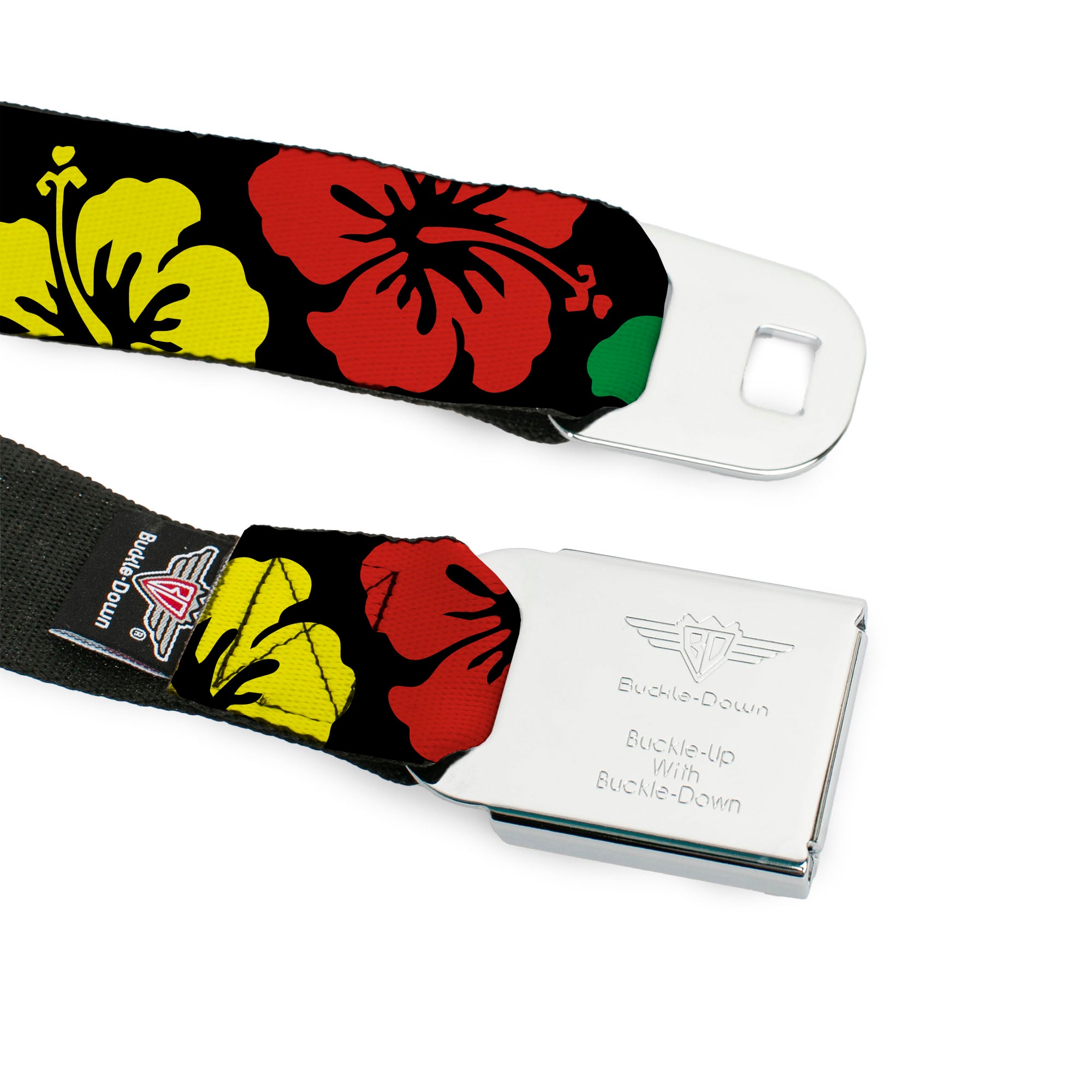 BD Wings Logo CLOSE-UP Full Color Black Silver Seatbelt Belt - Hibiscus CLOSE-UP Black/Green/Yellow/Red Webbing Seatbelt Belts Buckle-Down
