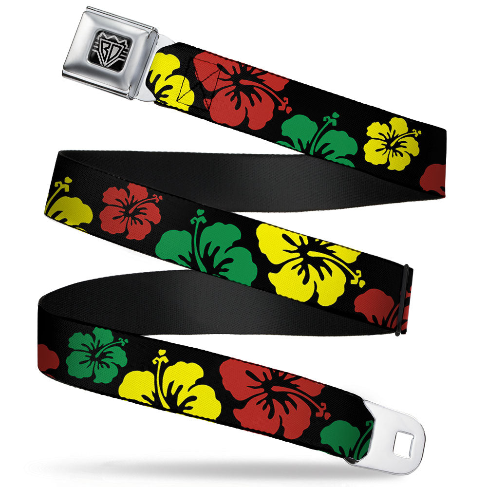 BD Wings Logo CLOSE-UP Full Color Black Silver Seatbelt Belt - Hibiscus CLOSE-UP Black/Green/Yellow/Red Webbing Seatbelt Belts Buckle-Down