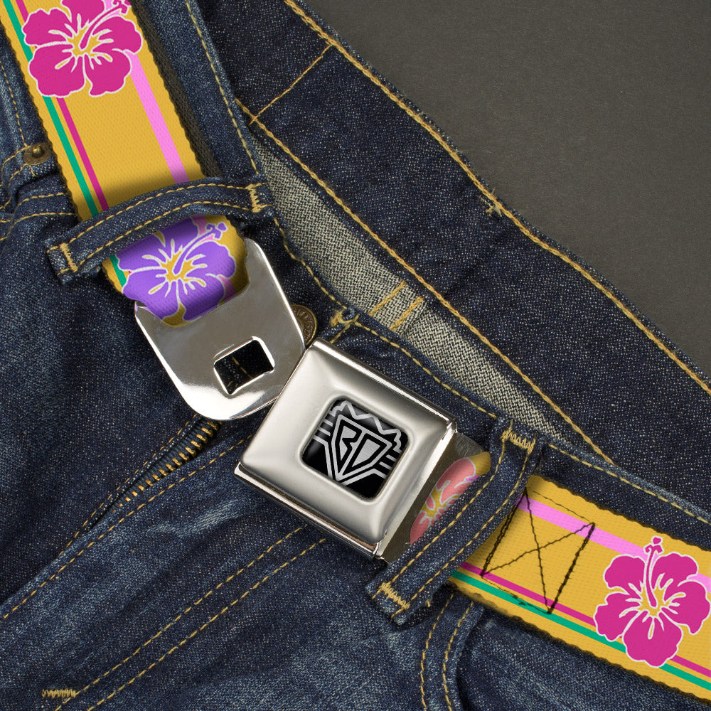 BD Wings Logo CLOSE-UP Full Color Black Silver Seatbelt Belt - Hibiscus w/Stripes Gold/Multi Pastel Webbing Seatbelt Belts Buckle-Down