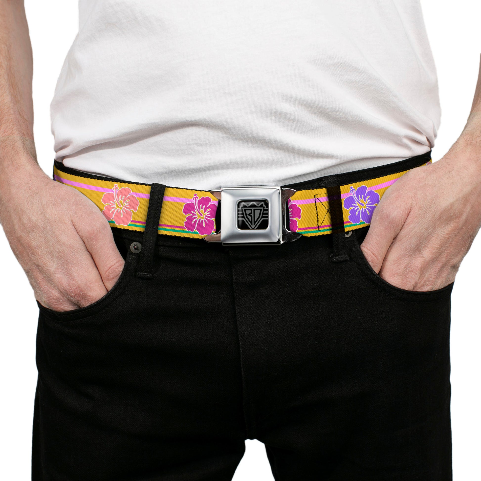 BD Wings Logo CLOSE-UP Full Color Black Silver Seatbelt Belt - Hibiscus w/Stripes Gold/Multi Pastel Webbing Seatbelt Belts Buckle-Down