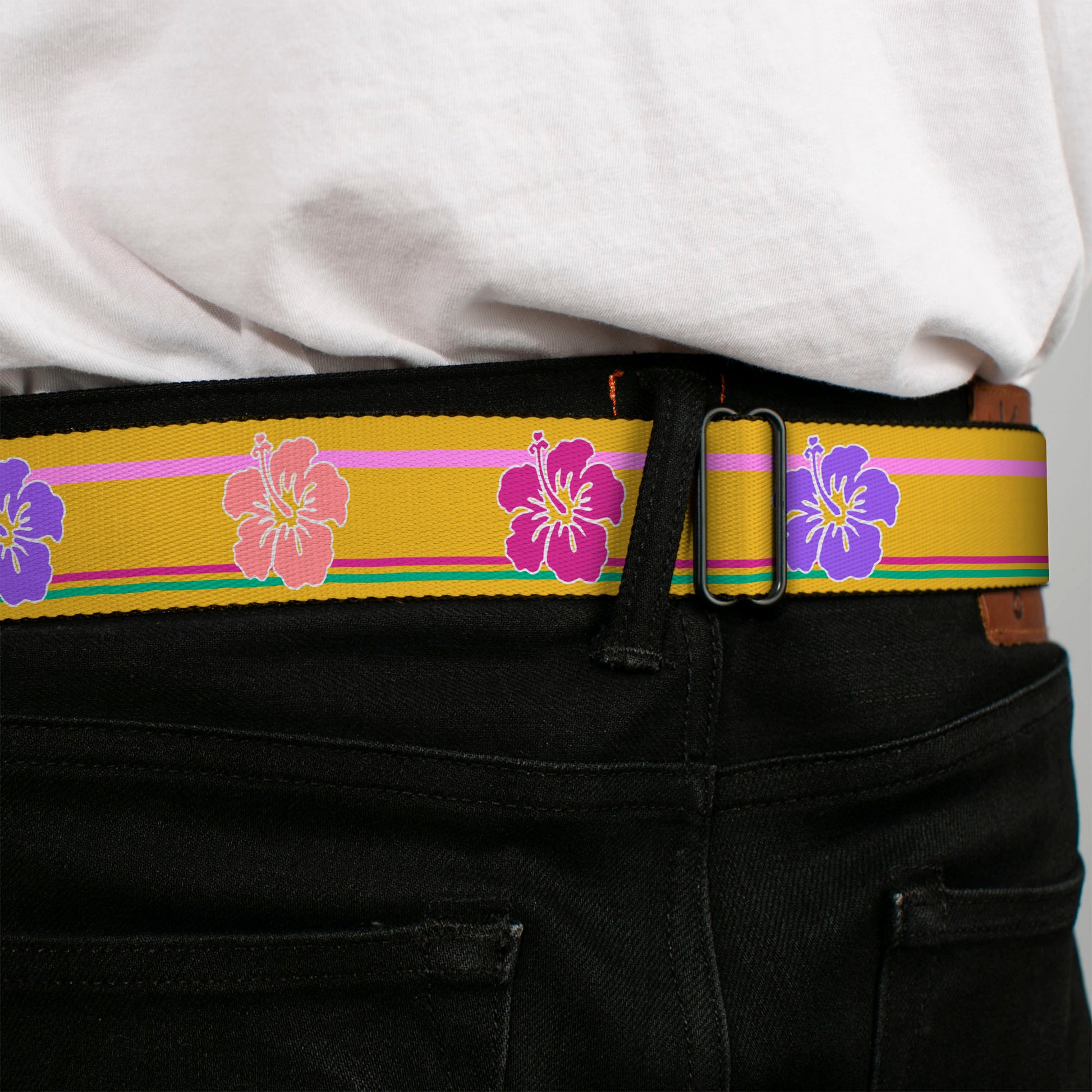 BD Wings Logo CLOSE-UP Full Color Black Silver Seatbelt Belt - Hibiscus w/Stripes Gold/Multi Pastel Webbing Seatbelt Belts Buckle-Down