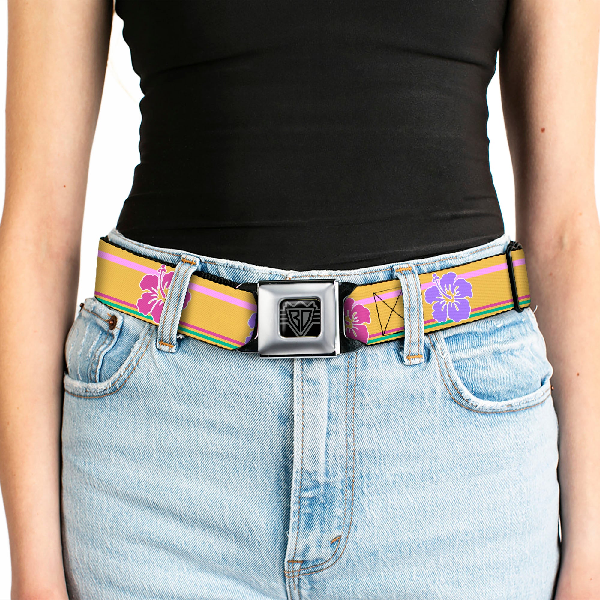 BD Wings Logo CLOSE-UP Full Color Black Silver Seatbelt Belt - Hibiscus w/Stripes Gold/Multi Pastel Webbing Seatbelt Belts Buckle-Down