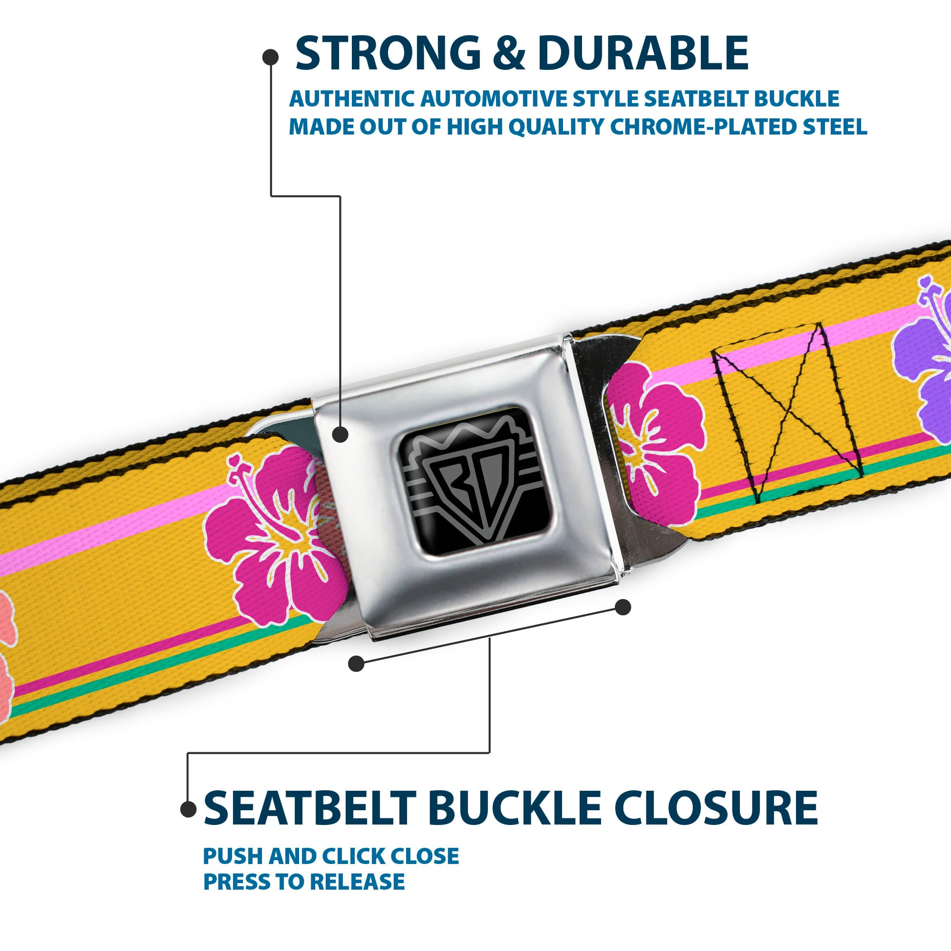 BD Wings Logo CLOSE-UP Full Color Black Silver Seatbelt Belt - Hibiscus w/Stripes Gold/Multi Pastel Webbing Seatbelt Belts Buckle-Down