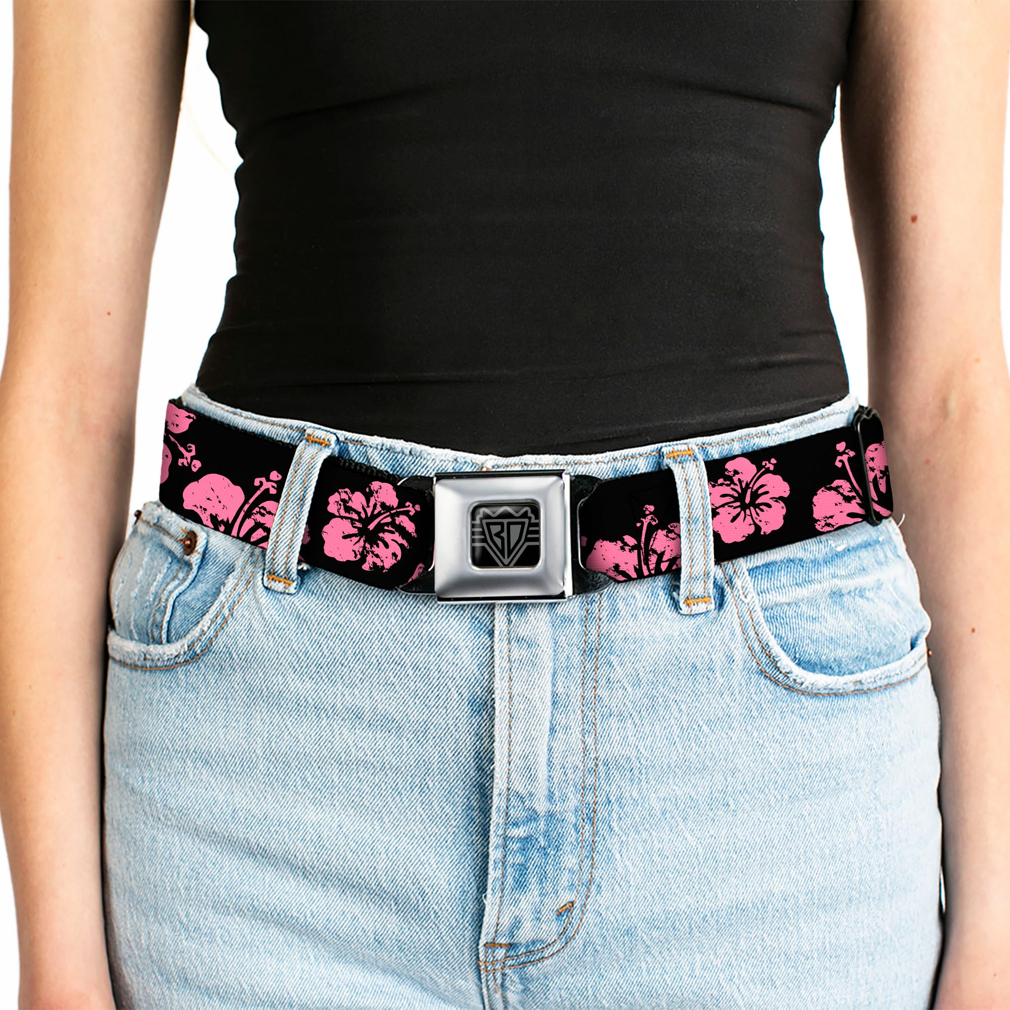 BD Wings Logo CLOSE-UP Full Color Black Silver Seatbelt Belt - Hibiscus Weathered Black/Pink Webbing Seatbelt Belts Buckle-Down